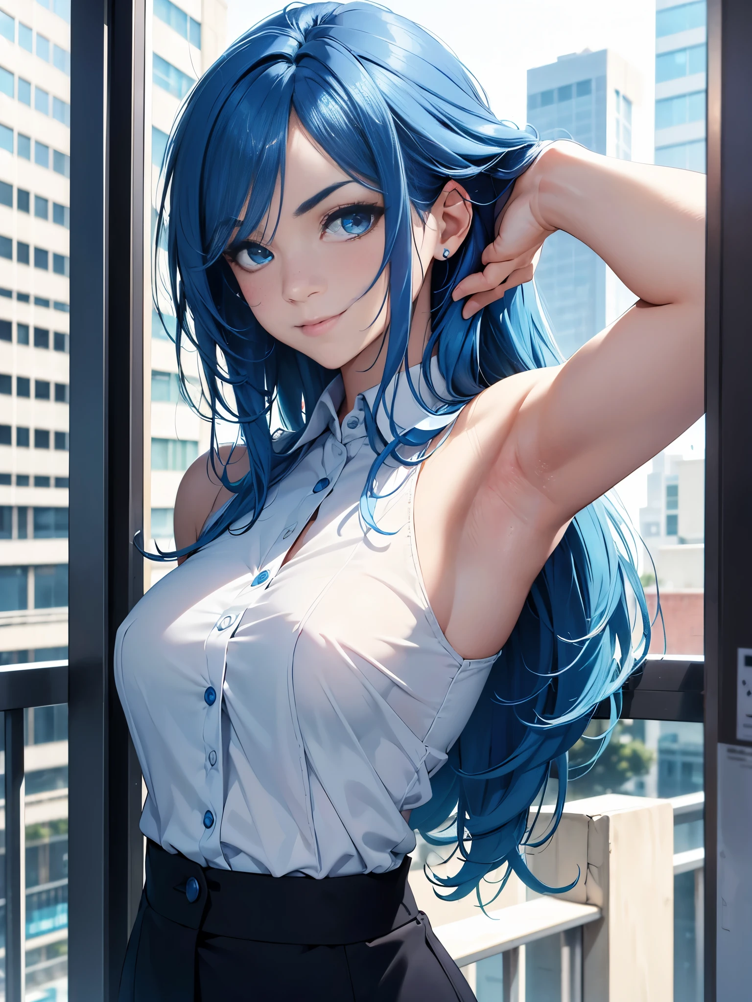 best quality, 32k, RAW photo, incredibly absurdres, extremely detailed, delicate texture, intelligent beauty, medium hair, (armpit-length hair, blue hair), aquamarine eyes, hair over one eye, eyebrows visible through hair, wearing business suit, playful, cute smile, closed mouth, outside office balcony