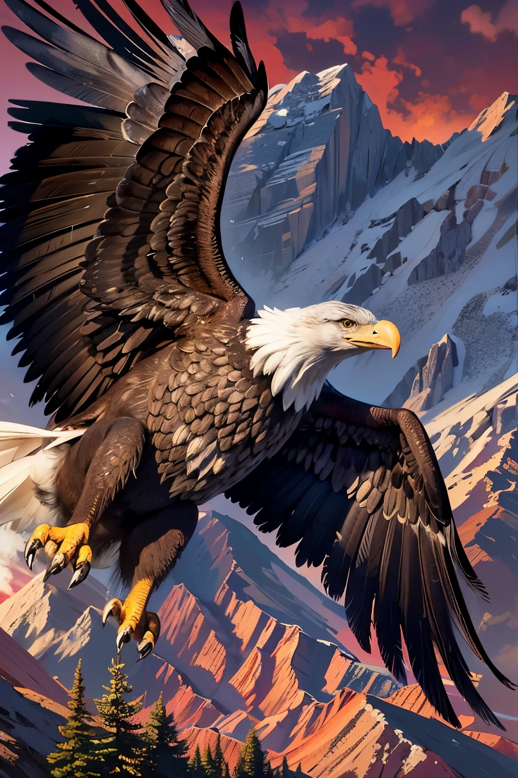 A life-like picture of a proud majestic American Bald Eagle in flight over the top of a mountain. A bold, proud American flag flies in the background. dynamic lighting, bold lines