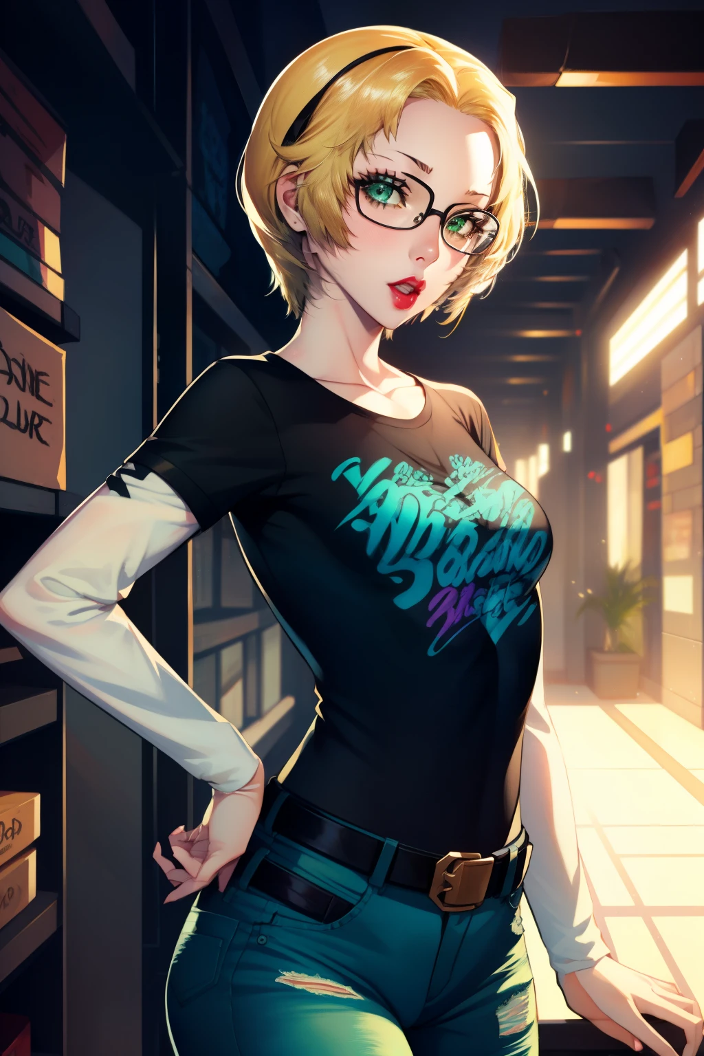 warIngrid, short hair, green eyes , 1girl, solo, standing, black t-shirt, white shirt, jeans, belt, lipstick, eyewear on head,