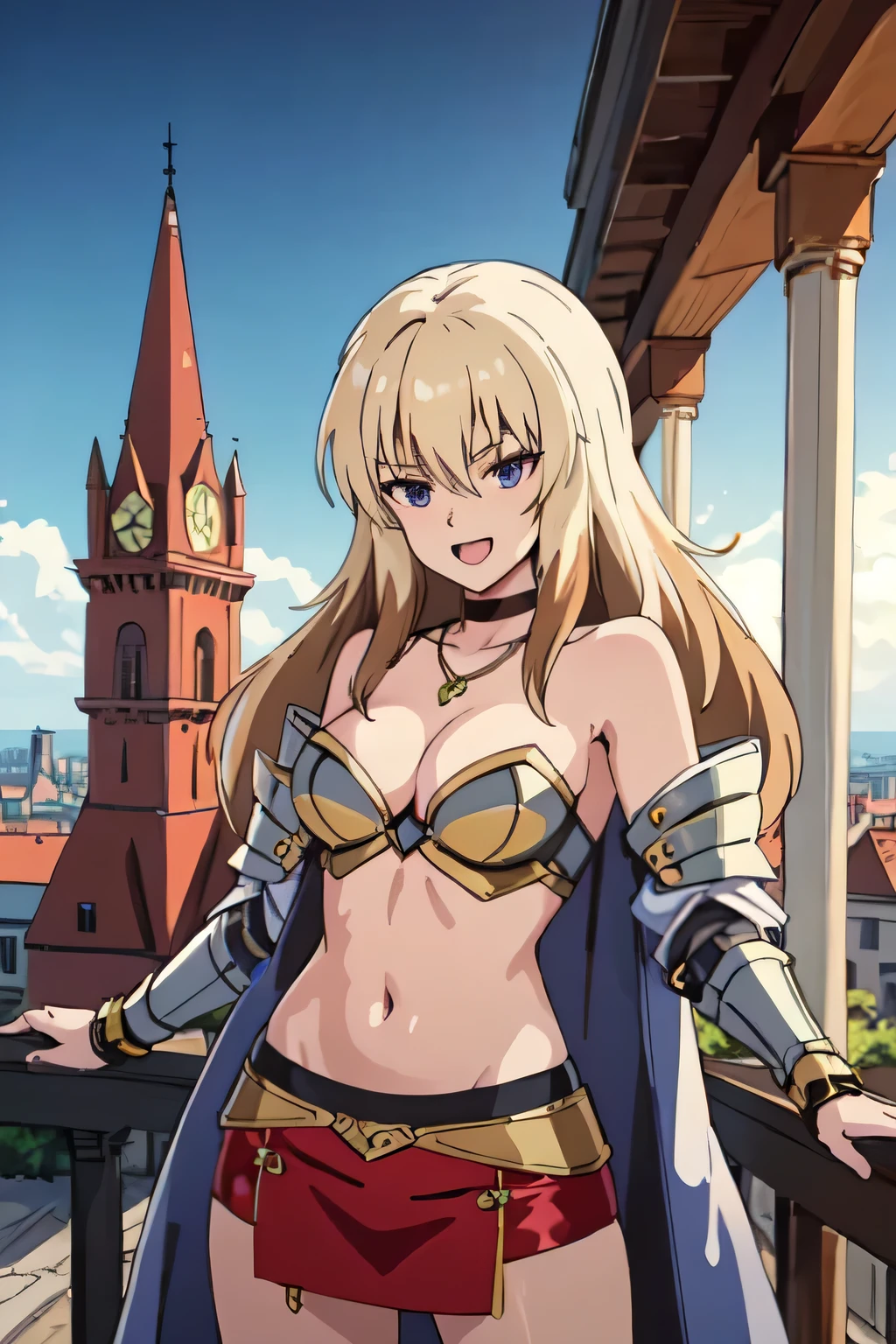 Priss,1girl,multicolored hair,blonde hair,brown hair,longhair,
choker, necklace, masterpiece, best quality, highly detailed, fantasy , a anime girls in armored dress holding a sword
posing for a picture, evil smile, smile, open mouth, breastplate with open cleavage, cleavage, warrior
outfit, ecchi anime style, anime girls, ecchi style, (nsfw) not safe for work, ecchi, digital anime art!!, in
anime style, official artwork, visual novel cg, beautiful anime girl, anime style 4 k , loincloth, exposed
belly, exposed navel, exposed midriff, exposed lower belly, pencil skirt armored, castle,inside castle