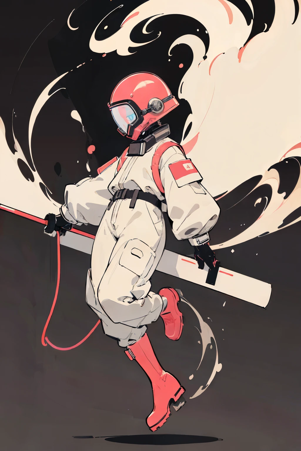 inkpunk, (ultra detailed,ultra high res,detailed background),((2D)),((flat color)),((muted color)),((floating neon)),1solo,looking at viewer, white hazmat suit, (big red rain boots), plush collar, full body image, square helmet
