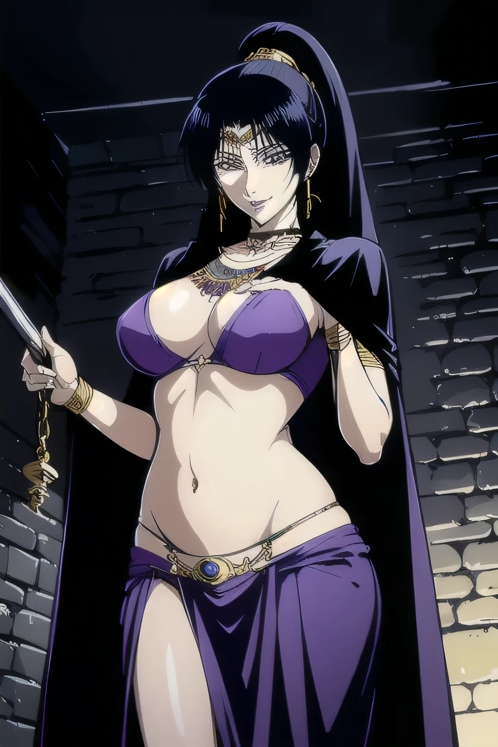 Karla,1girl,
ponytail,black hair,purple eyes,purple lips,
masterpiece, best quality, highly detailed ,glint,halterneck,gold_choker, complex detailed background,
inside, stone wall, ancient interior, ancient egyptian room, hieroglyphs, dark lighting, dark
atmosphere, (cowboy shot), holding a sword, sword, belly_chain,harem_outfit,navel, necklace,
pelvic_curtain,revealing_clothes, veil，masterpiece,best quality,1girl,mature,evil smile, smile,
female,mature,necklace,pendant, (nsfw) not safe for work, exposed belly, exposed navel, exposed
midriff, exposed lower belly, navel piercing