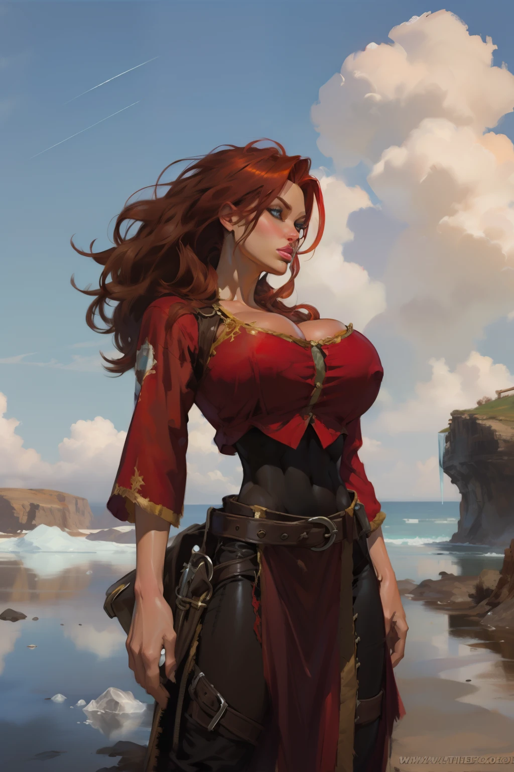 Girl with wavy red hair and rebellious, ((hair slicked back)), Caucasian woman,ice blue eyes and tanned skin, round breasts, pirate style clothes, (gigantic breasts), background with clouds, realistic style.