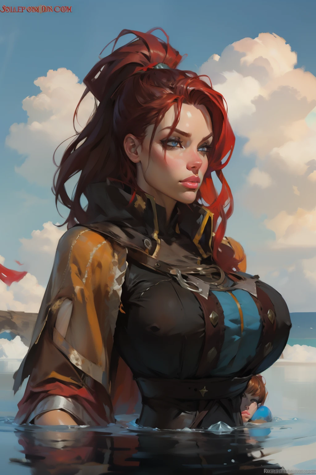 Girl with wavy red hair and rebellious, ((hair slicked back)), Caucasian woman,ice blue eyes and tanned skin, round breasts, pirate style clothes, (gigantic breasts), background with clouds, realistic style.