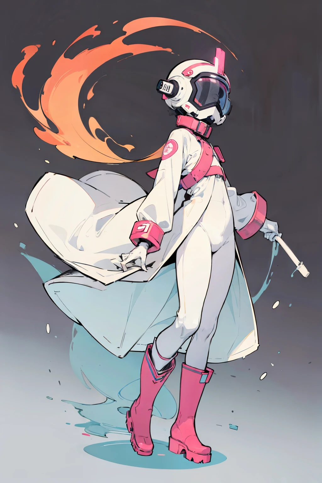 inkpunk, (ultra detailed,ultra high res,detailed background),((2D)),((flat color)),((muted color)),((floating neon)),1solo,looking at viewer, white hazmat suit, (big red rain boots), plush collar, full body image, square helmet