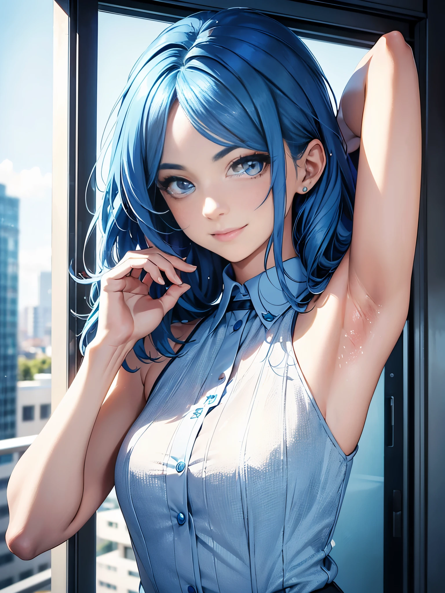 best quality, 32k, RAW photo, incredibly absurdres, extremely detailed, delicate texture, intelligent beauty, medium hair, (armpit-length hair, blue hair), aquamarine eyes, hair over one eye, eyebrows visible through hair, wearing business suit, playful, cute smile, closed mouth, outside office balcony