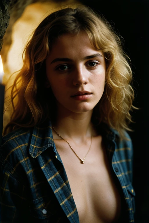 photograph of a woman, (troubled facial expression), textured skin, goosebumps, blonde afro hair, plaid flannel shirt with distressed boyfriend jeans,  dark and mysterious cave with unique rock formations and hidden wonders, perfect eyes, (candlelight,chiaroscuro), Porta 160 color, shot on ARRI ALEXA 65, bokeh, sharp focus on subject, shot by Don McCullin