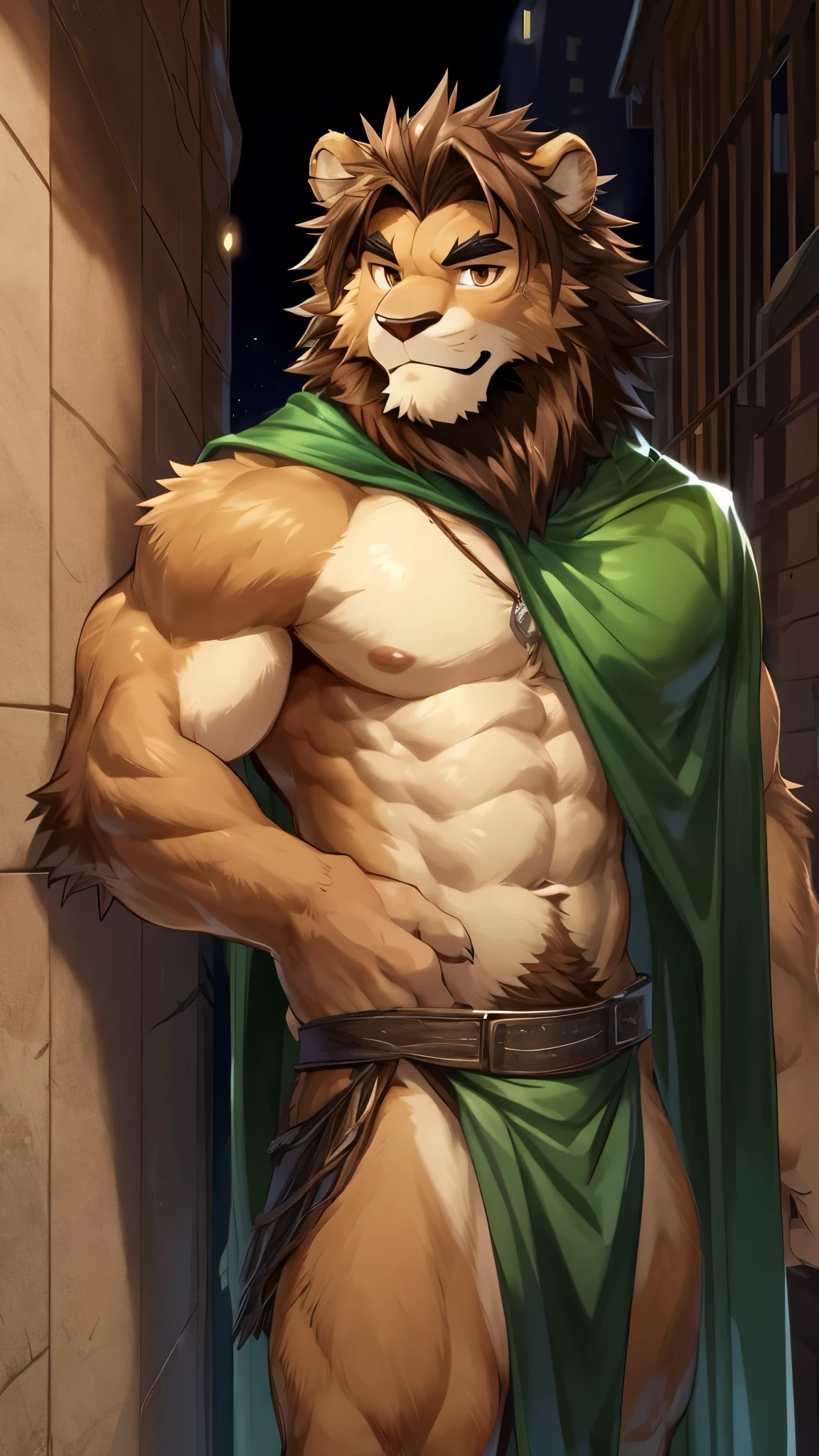 close up shot, masterpiece,best quality,detailed background,hi res, by null-ghost,by milkytiger1145,by takemoto arashi, outside,moonlight, (back leaning against wall), solo,solo focus,male,male focus,anthro,feline,(lion),(athletic), (brown fur,brown body,black eyebrows:1.3),looking at viewer, detailed eyes,brown eyes,humanoid hands, (wearing green cape on back, metal belt, loincloth)