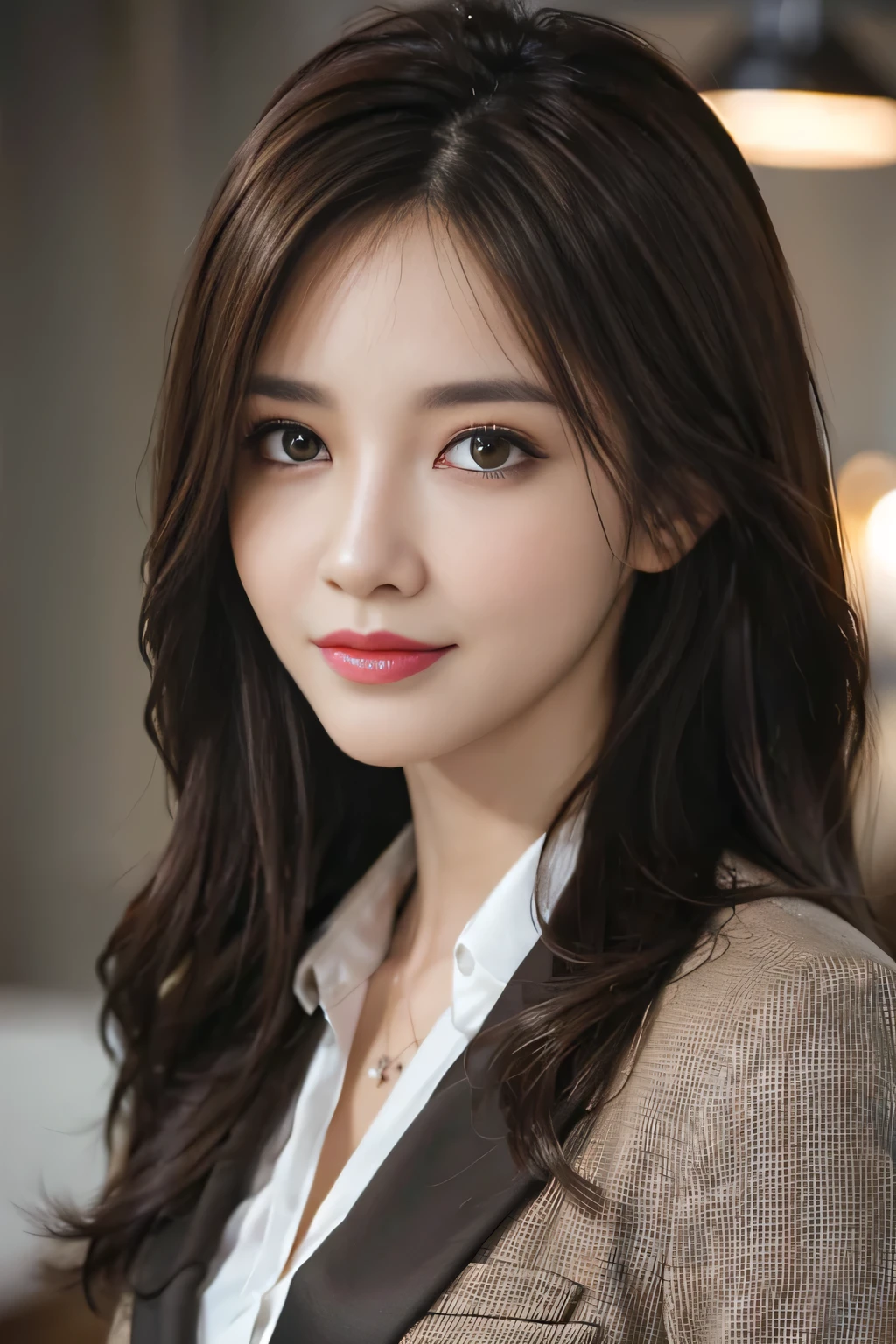 table top, highest quality, realistic, Super detailed, finely, High resolution, 8k wallpaper, 1 beautiful woman,, light brown messy hair, wearing a business suit, sharp focus, perfect dynamic composition, beautiful and detailed eyes, thin hair, Detailed realistic skin texture, smile, close-up portrait, model body shape
