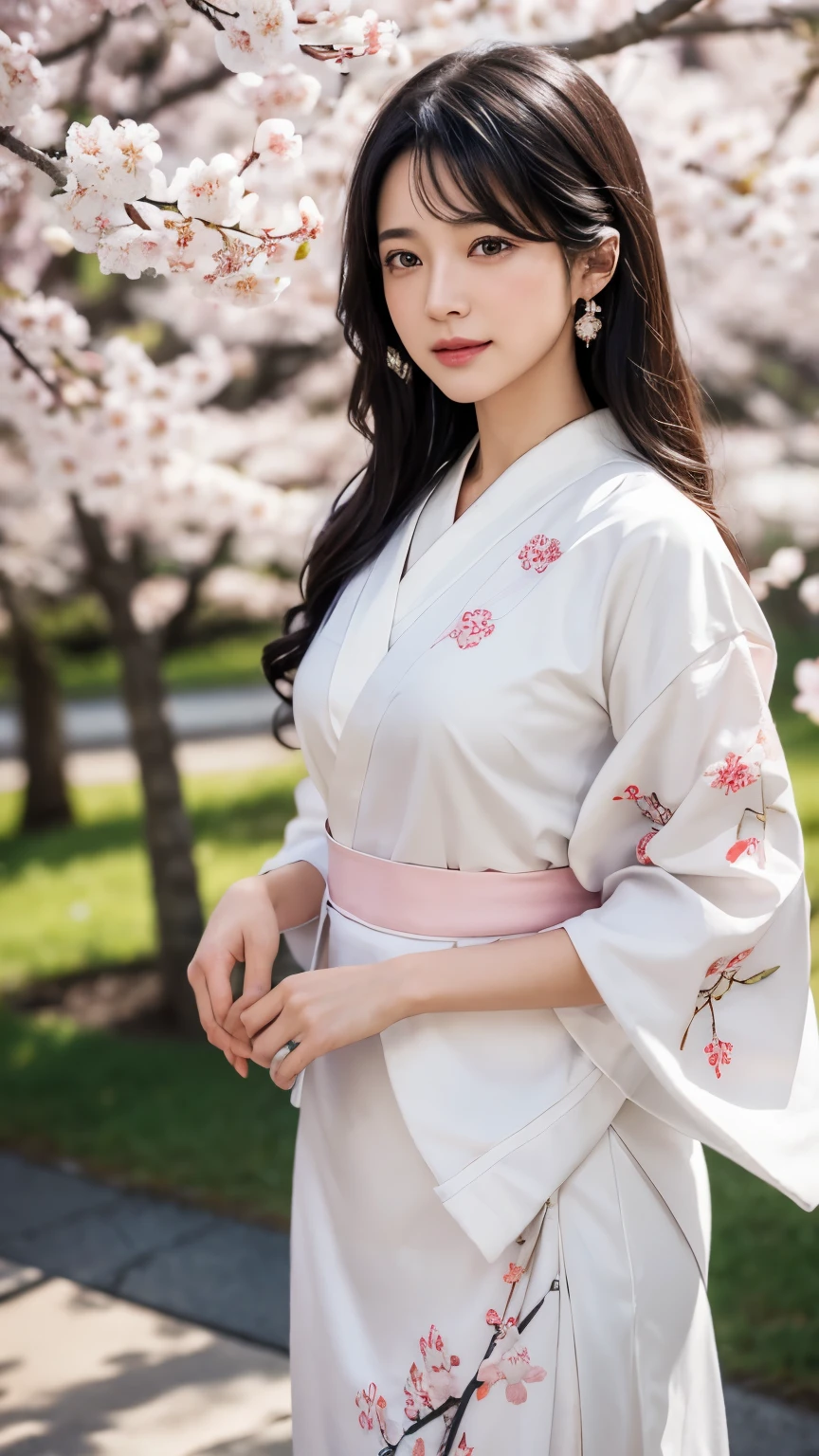 (logo、masterpiece、8k、table top、RAW photo、wonderful、最high quality、Photorealistic and hvery detailed CG integrated 8k wallpaper、high quality、very detailed、Narrative poem、particle effects、dynamic effects、Depth of written boundary、cinematic light、Lens flare、ray tracing)、fantasy、 (1 beautiful woman、white kimono、Japan Dresses、white cherry blossom pattern、White cherry blossom embroidery pattern、black haired、beautiful face、real face、beautiful details eyes beautiful skin)、Hair flutters in Wind、hair bounces、pink cherry tree、petals dance、SakuraFubuki、wonderful景色、sunrise、sun on background、Wind、god々、teeth、god話、vast land