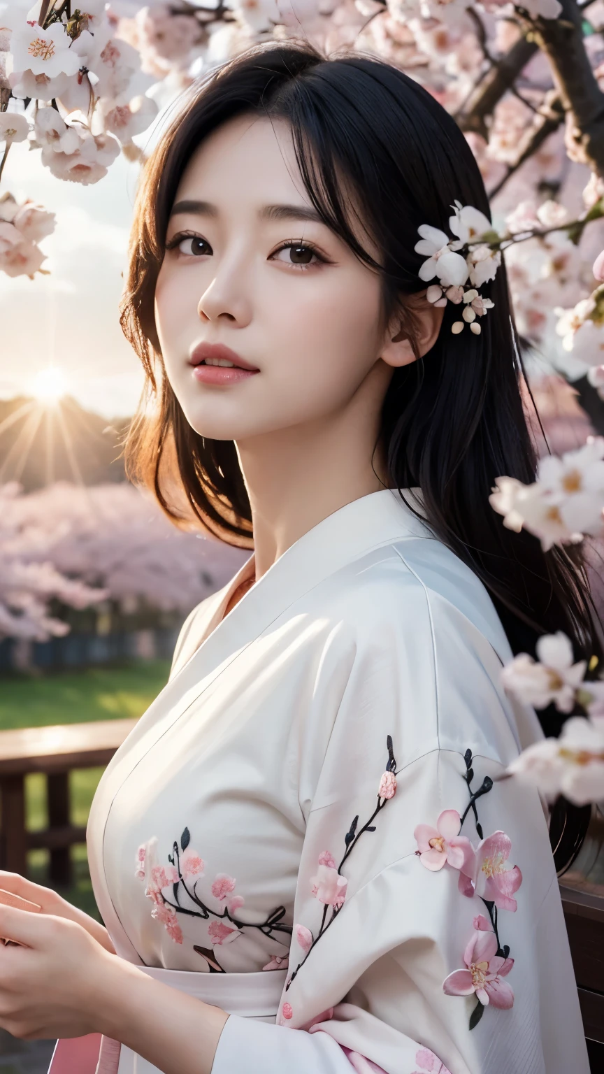 (logo、masterpiece、8k、table top、RAW photo、wonderful、最high quality、Photorealistic and hvery detailed CG integrated 8k wallpaper、high quality、very detailed、Narrative poem、particle effects、dynamic effects、Depth of written boundary、cinematic light、Lens flare、ray tracing)、fantasy、 (1 beautiful woman、white kimono、Japan Dresses、white cherry blossom pattern、White cherry blossom embroidery pattern、black haired、beautiful face、real face、beautiful details eyes beautiful skin)、Hair flutters in Wind、hair bounces、pink cherry tree、petals dance、SakuraFubuki、wonderful景色、sunrise、sun on background、Wind、god々、teeth、god話、vast land