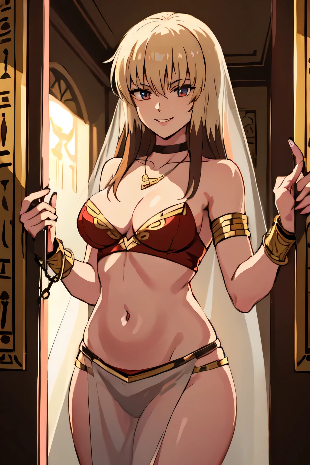 Priss,1girl,multicolored hair,blonde hair,brown hair,longhair,
choker, necklace, masterpiece, best quality, highly detailed ,glint,halterneck,gold_choker, complex detailed background,
inside, stone wall, ancient interior, ancient egyptian room, hieroglyphs, dark lighting, dark
atmosphere, (cowboy shot), holding a sword, sword, belly_chain,harem_outfit,navel, necklace,
pelvic_curtain,revealing_clothes, veil,masterpiece,best quality,1girl,mature,evil smile, smile,
female,mature,necklace,pendant, (nsfw) not safe for work, exposed belly, exposed navel, exposed
midriff, exposed lower belly,