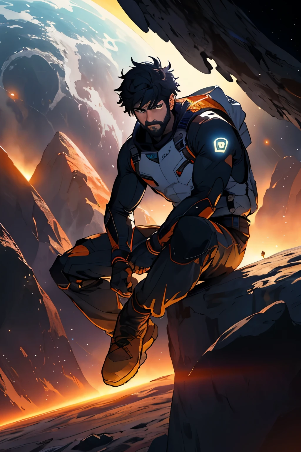 Draw a young programmer, sitting on a research platform floating in the middle of an asteroid belt. He is studying with a notebook, surrounded by several asteroids glowing with fiery auras. Dramatic lighting from distant stars and planets illuminates the scene, casting deep shadows on the suit. The young man looks confident and determined, looking at the vast and mysterious universe with wonder and respect,facial hair, cowboy shot,