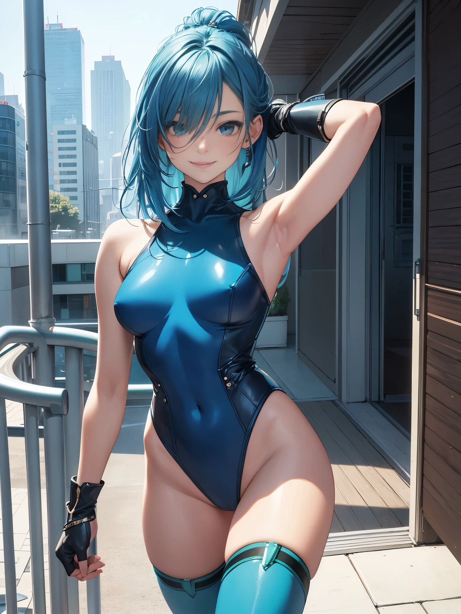 best quality, 32k, RAW photo, incredibly absurdres, extremely detailed, delicate texture, intelligent beauty, medium hair, (armpit-length hair, blue hair), aquamarine eyes, hair over one eye, (blue leotard with green accents), (tight belt), matching gloves, matching boots, ankle boots, playful, cute smile, closed mouth, outside office balcony, (body infused with frost)