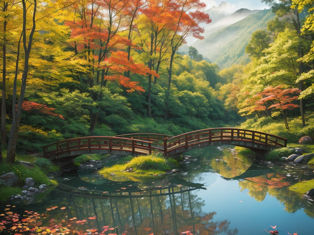(best quality,4k,highres,ultra-detailed,realistic,masterpiece:1.2),landscape,wooden bridge over small brook,Wu Guanzhong style painting,serene atmosphere,water ripples,crimson leaves,tall trees,brush strokes,subtle color palette,soft sunlight,calm water,reflective surface,misty mountains,HDR,UHD,studio lighting,vivid colors,bokeh