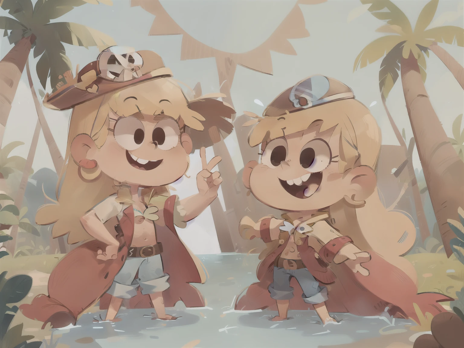 Leni loud, blonde hair, long hair, earrings, eyewear on head, masterpiece, best quality, pirate hat, bikini, overcoat, gold decorations, belt, blue theme, long pants, navel, smile, showing teeth, crossed arms, seaside, coconut trees, cute, cartoon.