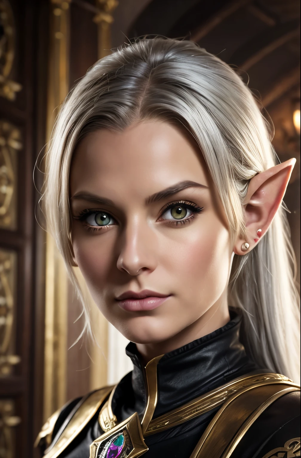 (Meisterwerk, digital art) Face of Steamgirl Kato as silver hair, golden eyes, elven high elf, very small ears, fantasy evil temting princess