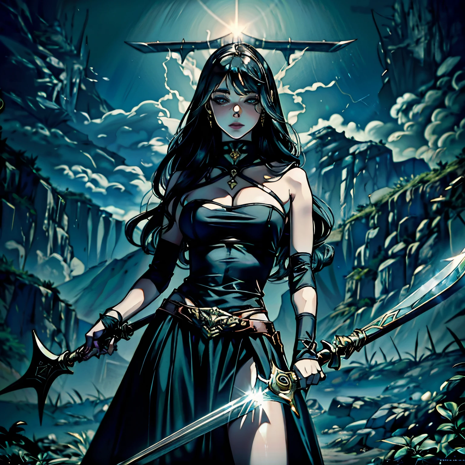 mulher arafiada em um vestido preto segurando duas espadas em uma floresta, she is holding a sword, princesa guerreira, she is holding a sword katana, com espada grande, Alena Aenami e Artgerm, garota guerreira, linda mulher guerreira, posando com uma espada, personagem de videogame katana zero, epic fantasy digital art style, Guerreiro Fantasia
