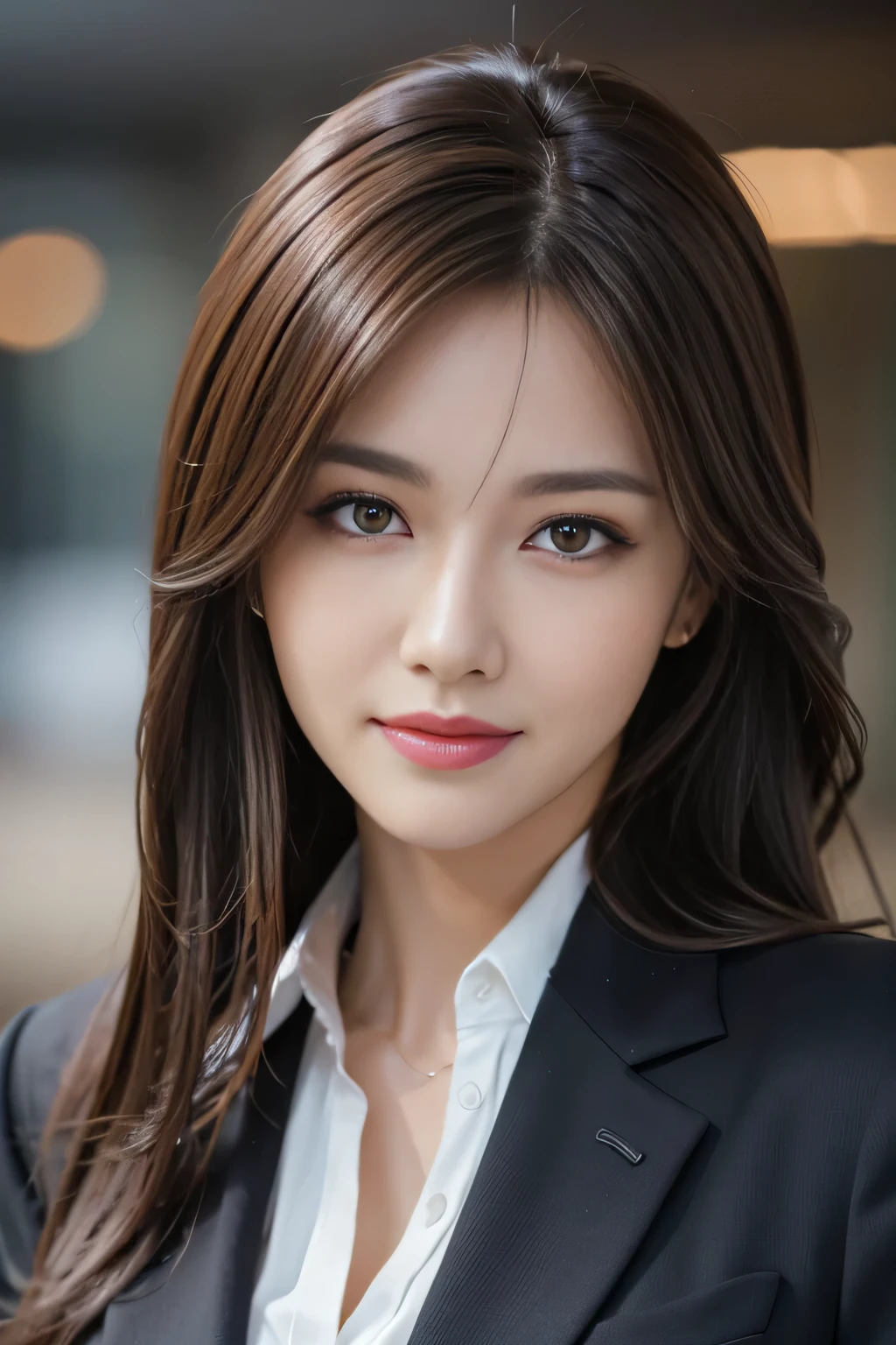 table top, highest quality, realistic, Super detailed, finely, High resolution, 8k wallpaper, 1 beautiful woman,, light brown messy hair, wearing a business suit, sharp focus, perfect dynamic composition, beautiful and detailed eyes, thin hair, Detailed realistic skin texture, smile, close-up portrait, model body shape
