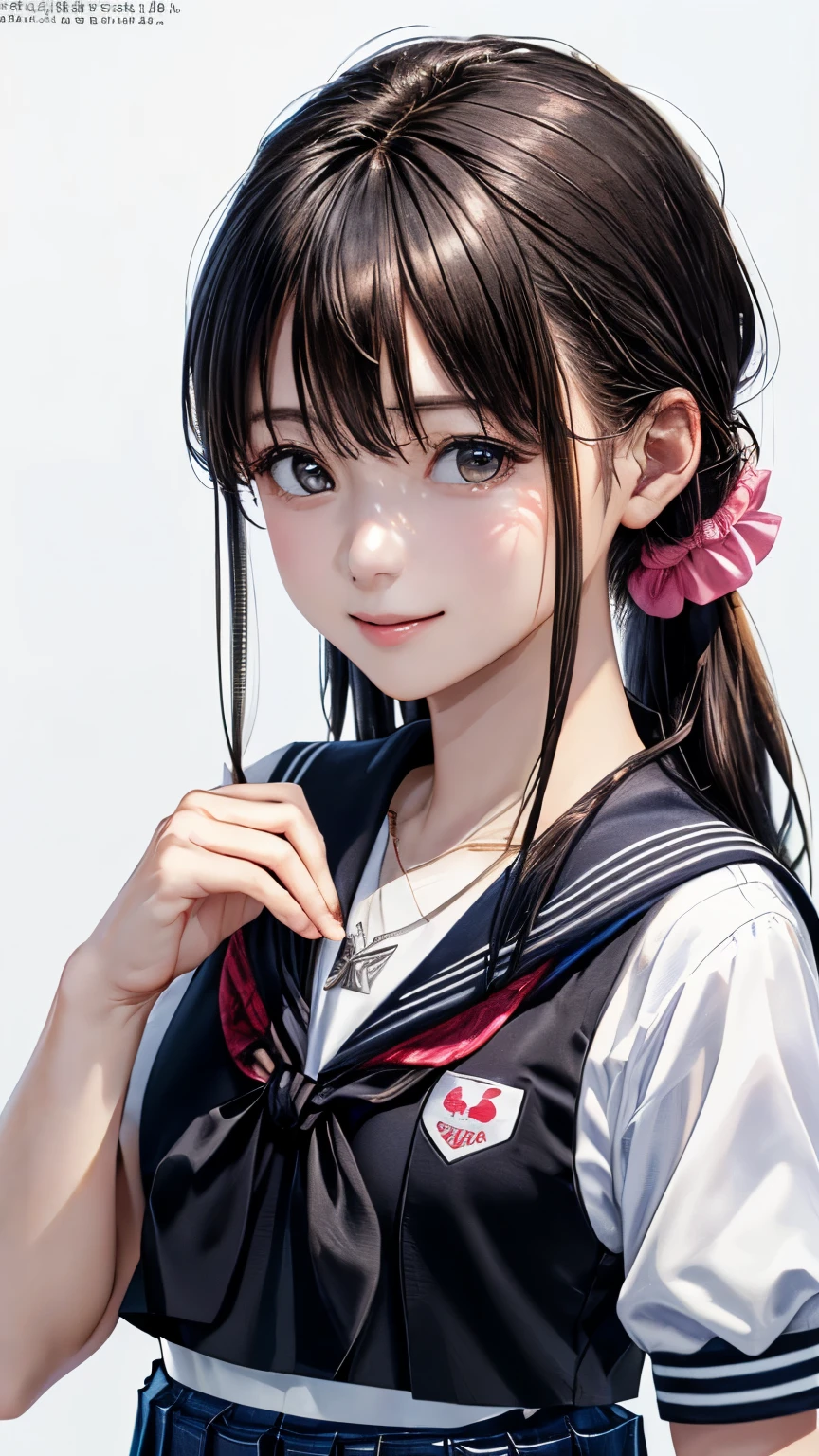 (highest quality、8k、32K、masterpiece)、(realistic)、(Photoreal:1.2)、(High resolution)、Super detailed、very beautiful face and eyes、1 girl、round and small face、thin waist、delicate body、(close、highest quality、high detail、rich skin details)、(highest quality、8k、oil paint:1.2)、Super detailed、(realistic、realistic:1.37)、bright colors、(((black hair)))、(((full body shot)))、(((long hair)))、(((pure white wall background)))、(((pure white wall background)))、(((wear a sailor suit)))、(((I'laughter)))、(((Wearing a short-sleeved sailor suit)))、(((look straight ahead)))、(((I have black hair)))、(((Wearing a heart necklace)))、(((she is wearing a sailor suit)))、(((her hair is tied up with a pink scrunchie)))、(((Both hands are in front of the waist)))、(((Has a shy look)))、(((plaid pleated skirt)))、(((mini skirt)))、(((I'Iは黒いニーソックスを履いています)))