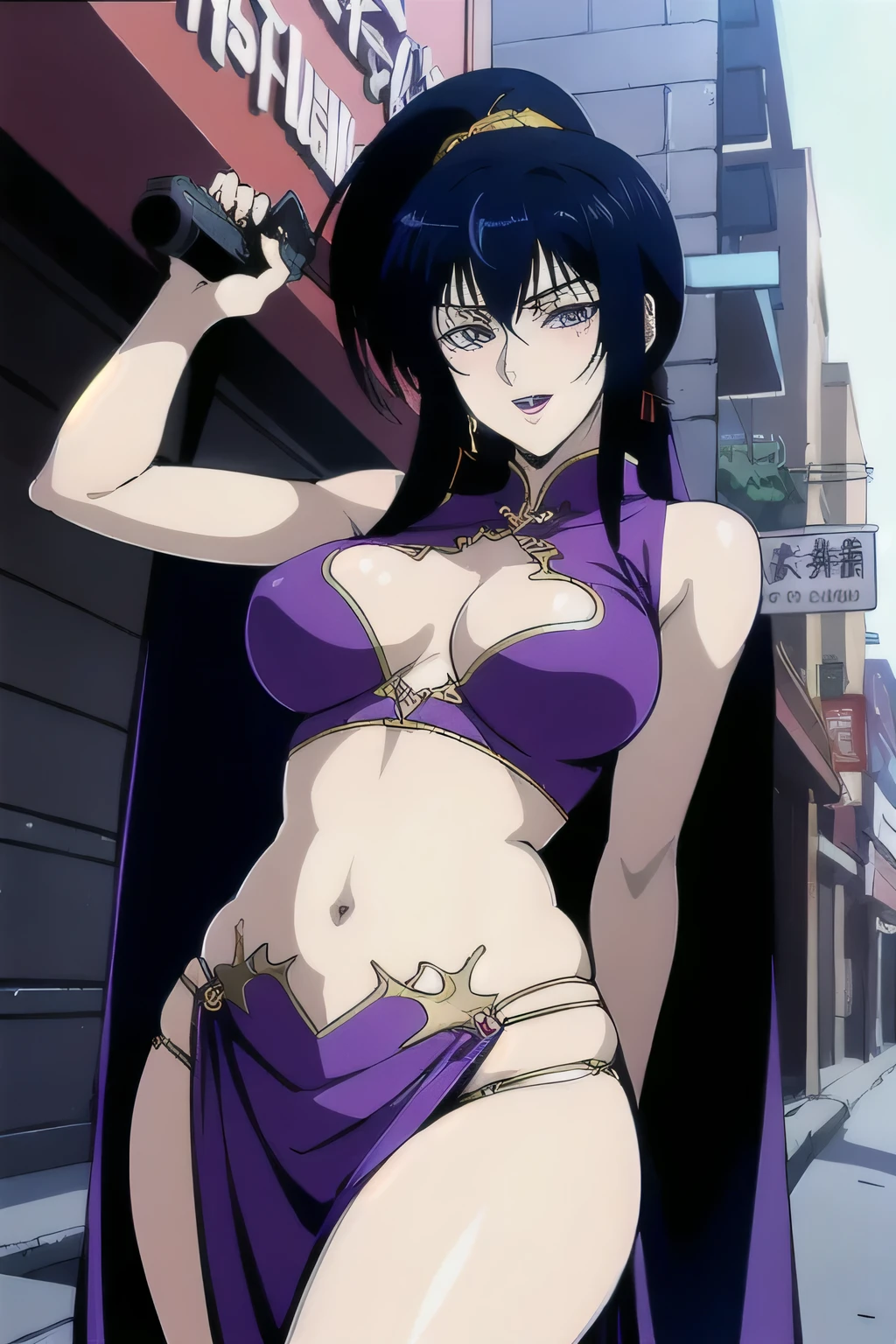 Karla,1girl,
ponytail,black hair,purple eyes,purple lips,
masterpiece, best quality, highly detailed, a anime girls in china dress with navel cutout holding a gun
posing for a picture, navel cutout, crop top, china dress, ecchi anime style, evil smile, open mouth,
smile, anime girls, ecchi style, ecchi, digital anime art!!, in anime style, official artwork, (nsfw) not safe
for work, beautiful anime girl, anime style 4 k, pelvic curtain, exposed belly, exposed navel, exposed
midriff, exposed lower belly, holding a gun, chinatown, outdoor,street,road