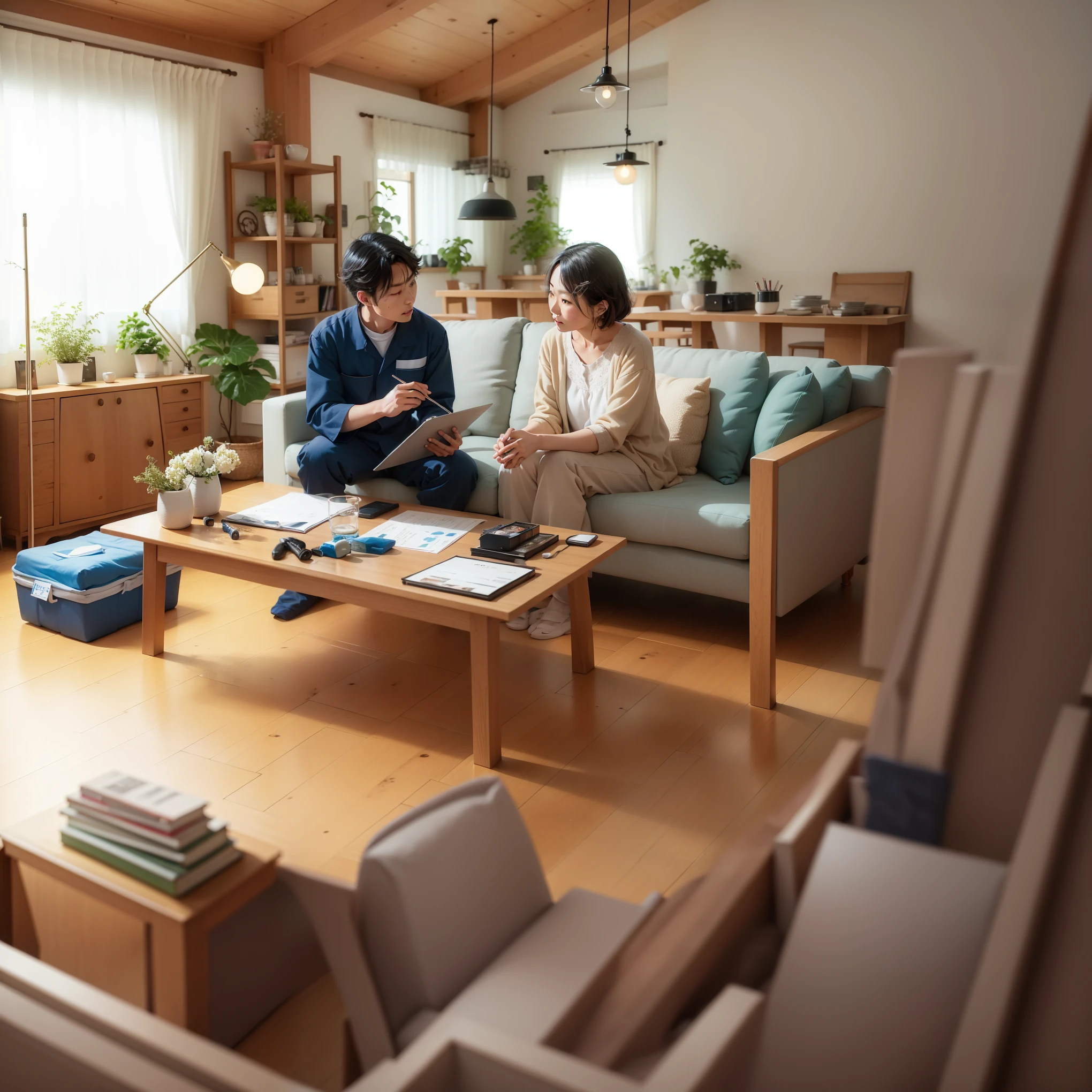 Two people are sitting on a sofa in the living room, in a japanese apartment, advertising photo, Marketing Photography, advertising image, Japanese Collection Goods, awesome image, portrait photography, modern japanese living room, high quality photos, Catalogue Pictures, Japanese House, beginner, 8k while talking calmly, Indoor scenes, sitting in a country living room, color photo, maintain