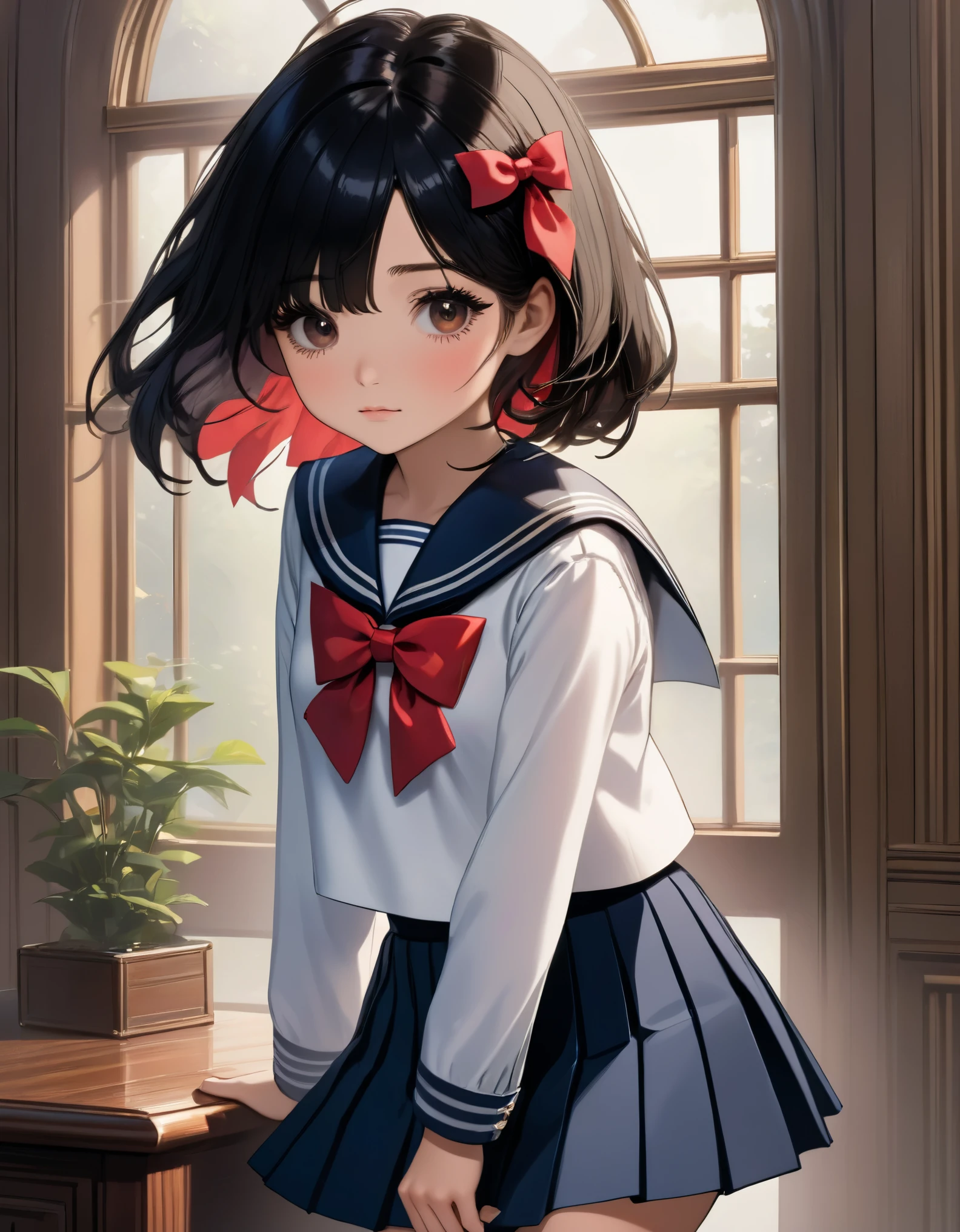 (Top quality, 16K, Masterpiece, Super high resolution, Victorian, Photorealistic: 1.2),1girl,kawaii,cute,face,white long-sleeved sailor uniform, pleated skirt, long skirt, dark blue skirt, red bow on the front, black hair, bob cut, embarrassed