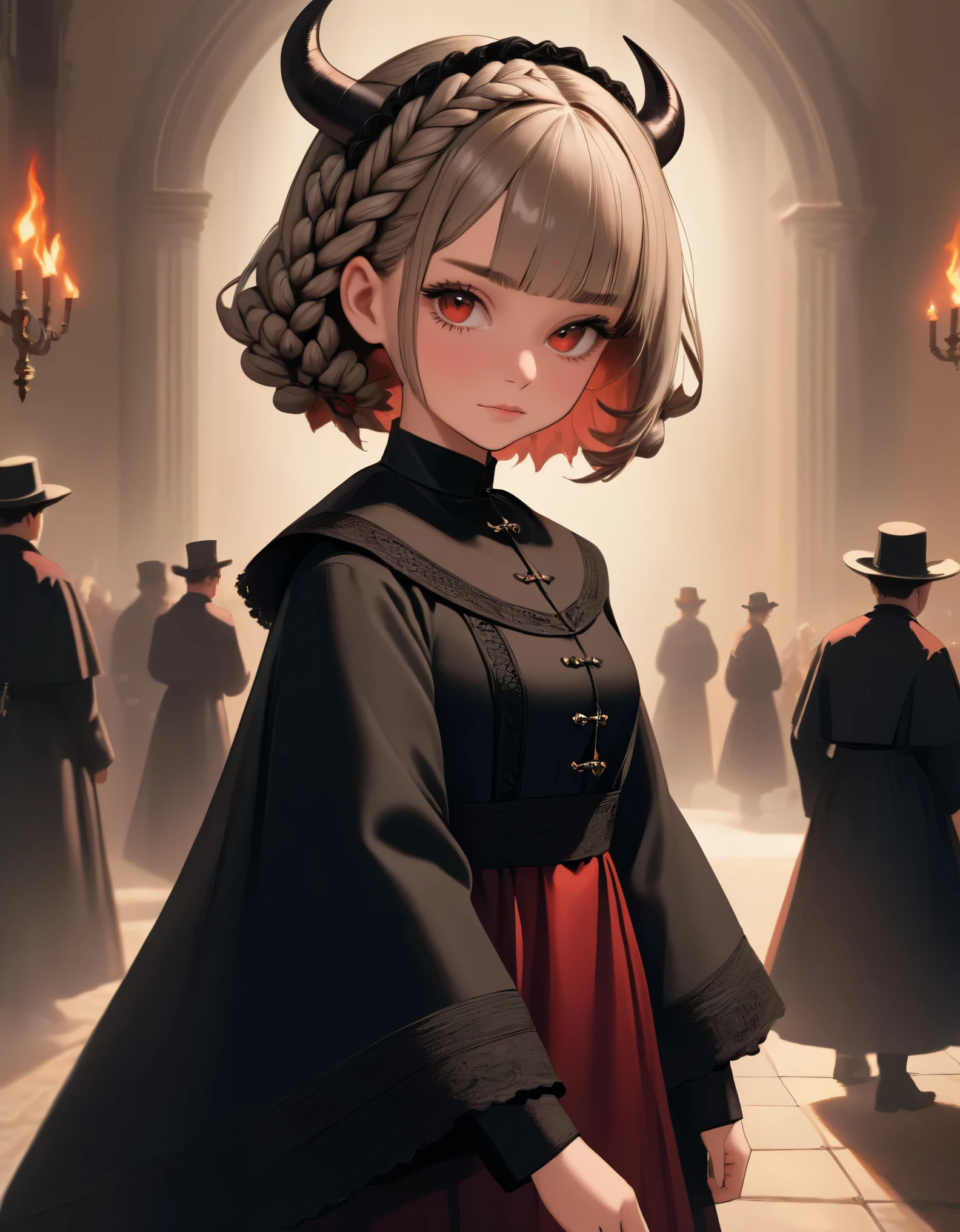 (Top quality, 16K, Masterpiece, Super high resolution, Victorian, Photorealistic: 1.2), 1 girl, devil costume, cassock clothing, Cowboy shot, One-length bob cut braided hair clip at front, Cute, Neat, Tundere, Heroine attributes, Artistic shading, Currents rejected.