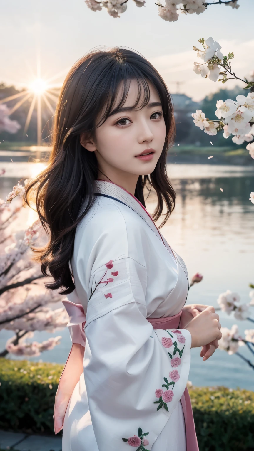 (logo、masterpiece、8k、table top、RAW photo、wonderful、最high quality、Photorealistic and hvery detailed CG integrated 8k wallpaper、high quality、very detailed、Narrative poem、particle effects、dynamic effects、Depth of written boundary、cinematic light、Lens flare、ray tracing)、fantasy、 (1 beautiful woman、white kimono、Japan Dresses、white cherry blossom pattern、White cherry blossom embroidery pattern、black haired、beautiful face、real face、beautiful details eyes beautiful skin)、Hair flutters in Wind、hair bounces、pink cherry tree、petals dance、SakuraFubuki、wonderful景色、sunrise、sun on background、Wind、god々、teeth、god話、vast land