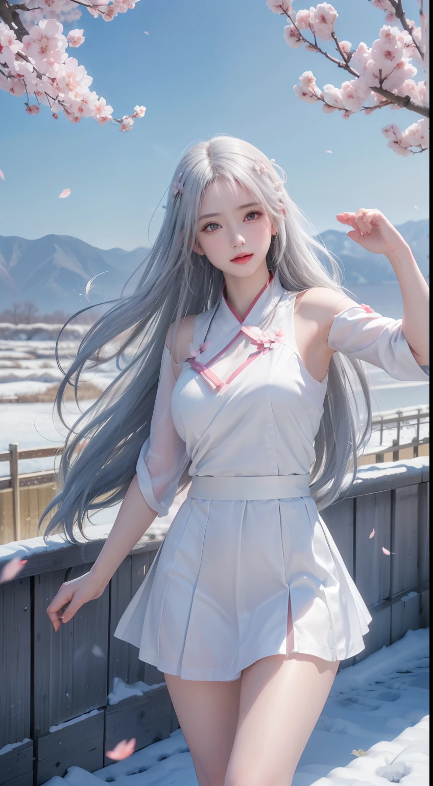 ((logo, masterpiece, 8k, table top, RAW photo, wonderful, 最high quality, Photorealistic and hvery detailed CG integrated 8k wallpaper, high quality, very detailed, Narrative poem, particle effects, dynamic effects, Depth of written boundary, cinematic light, Lens flare, ray tracing, anatomically accurate)), fantasy, 1 beautiful woman, ((white hair)), clear eyes, long hair, beautiful face, real face, Dense and beautiful eyes, beautiful skin, ((dancing woman, gracefully dancing woman, dancing woman in the snowy landscape, violently dancing woman)), ((long hairがWindでなびく, long hairが跳ねる, long hairがWindで踊る)), hair jump, jewelry, beautiful eyes, white kimono, white obi, embroidery pattern of white cherry blossoms, silver earrings, Light is shining, ((cherry blossoms, cherry blossomsの木, cherry blossomsの花びらが舞う, cherry blossoms吹雪, falling petals)), blue sky and white clouds background, Vast wind scenery, Wind, grassland, Vast land in mythology, Spectacular view, Beautiful natural wind scenery, hair color is white, cherry blossomsの花びらが舞う, cherry blossomsの木