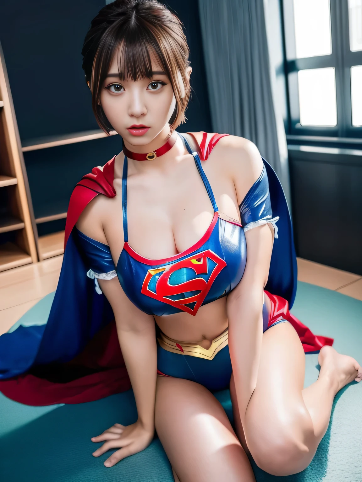 masterpiece、supergirl costume、short hair、barefoot、big and full 、human experiment subjects、Research room、operating table、Crisis situation、show off your thighs、choker、shiny、looking at camera、Seduce、choker、long sleeve、red sexy pomodel body shape、