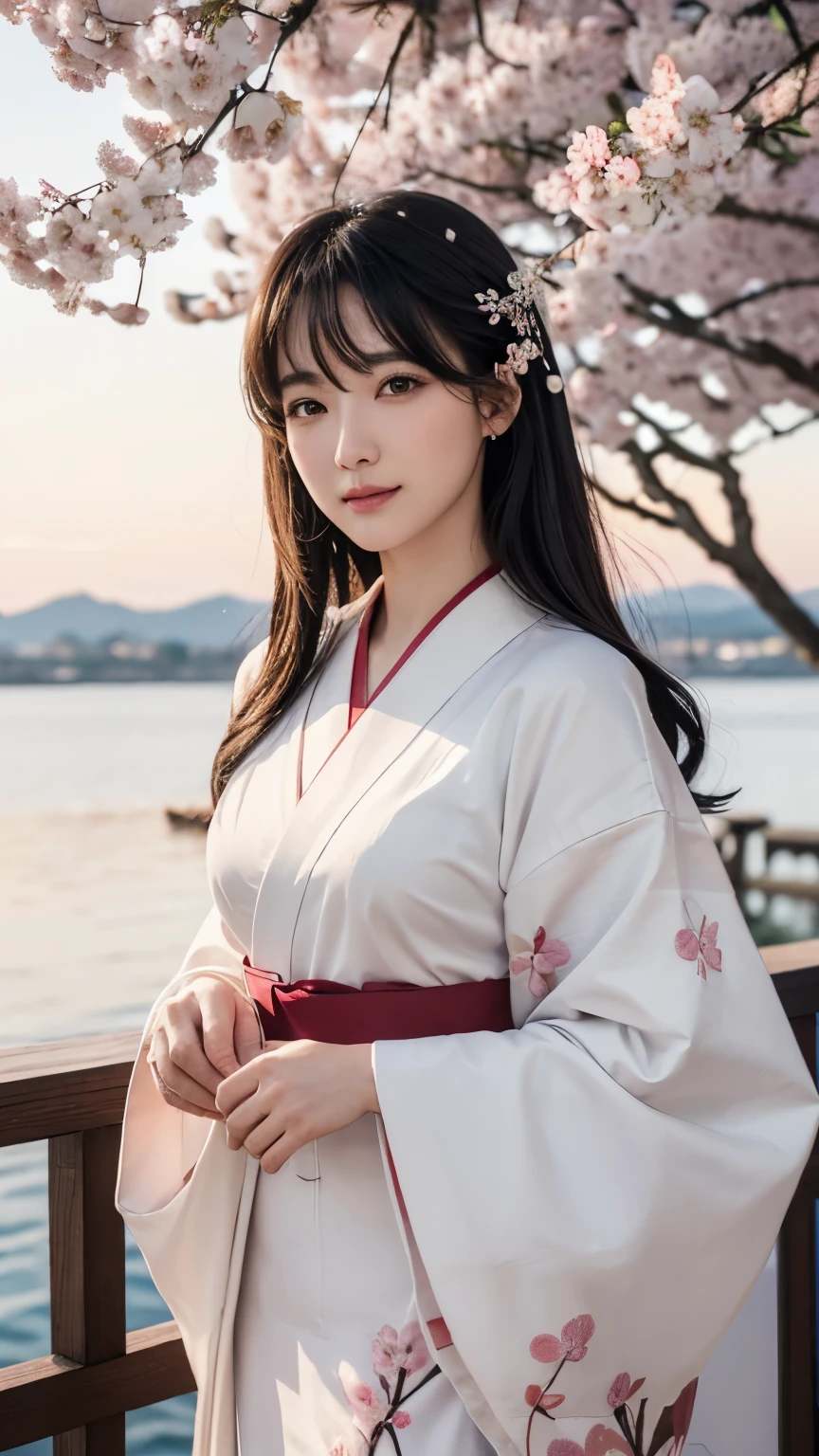 (logo、masterpiece、8k、table top、RAW photo、wonderful、最high quality、Photorealistic and hvery detailed CG integrated 8k wallpaper、high quality、very detailed、Narrative poem、particle effects、dynamic effects、Depth of written boundary、cinematic light、Lens flare、ray tracing)、fantasy、 (1 beautiful woman、white kimono、Japan Dresses、white cherry blossom pattern、White cherry blossom embroidery pattern、black haired、beautiful face、real face、beautiful details eyes beautiful skin)、Hair flutters in Wind、hair bounces、pink cherry tree、petals dance、SakuraFubuki、wonderful景色、sunrise、sun on background、Wind、god々、teeth、god話、vast land