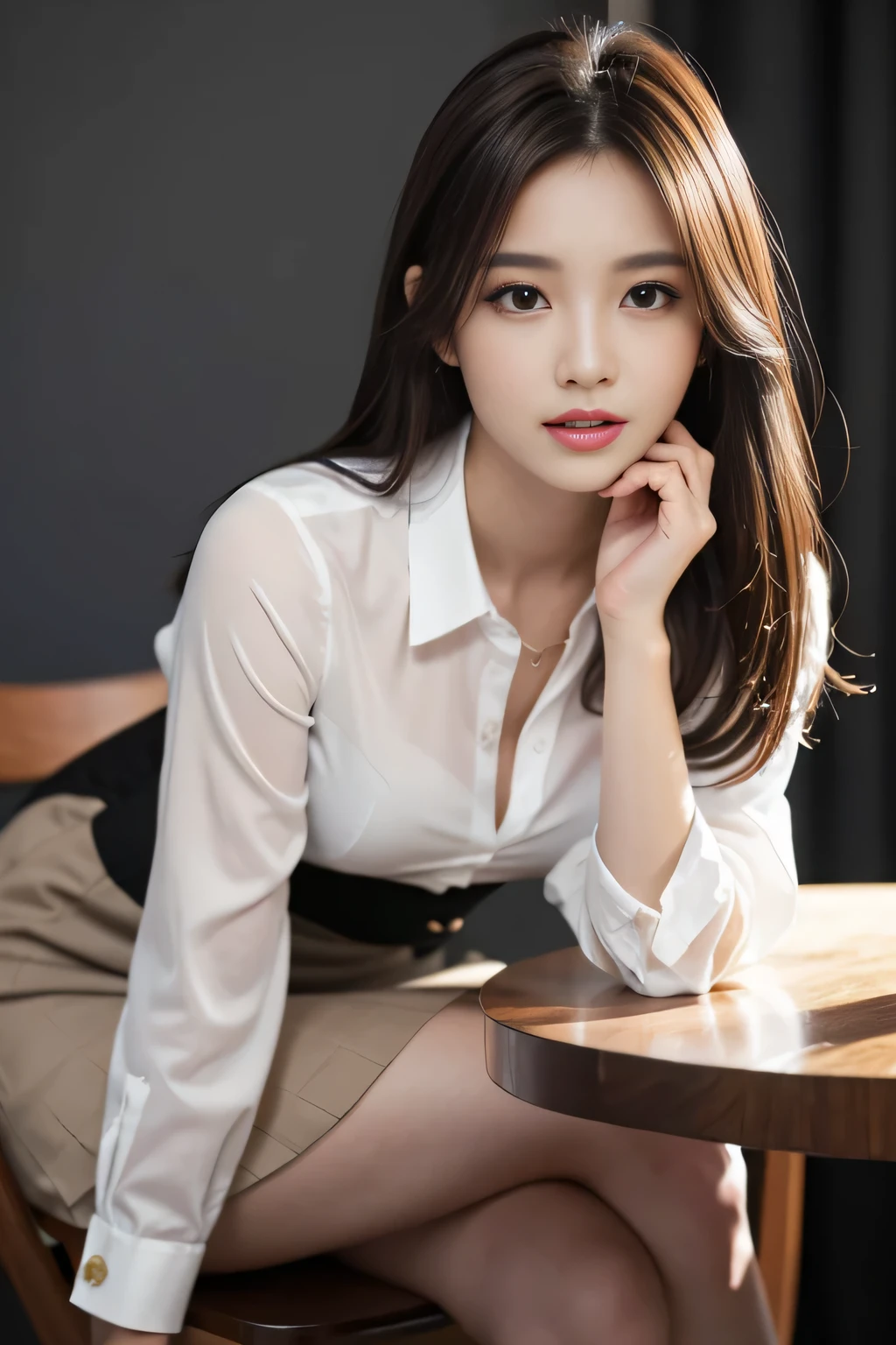 table top, highest quality, realistic, Super detailed, finely, High resolution, 8k wallpaper, 1 beautiful woman,, light brown messy hair, He is wearing a black see-through dress shirt with an open collar..., sharp focus, perfect dynamic composition, beautiful and detailed eyes, thin hair, Detailed realistic skin texture, smile, close-up portrait, model body shape、president&#39;secretary of、mini skirt、high heels、whole body、suit