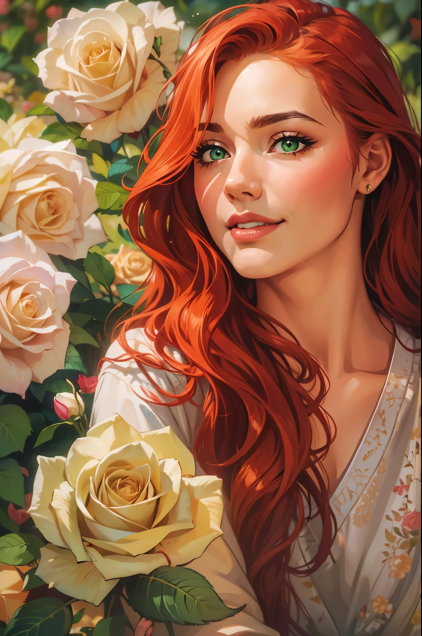 (best quality,ultra-detailed,realistic:1.37),young adult woman,redhead,side part hairstyle,bright green eye color,looking straight forward,dimples,roses,floral,beautiful,painting style,soft lighting,vibrant colors