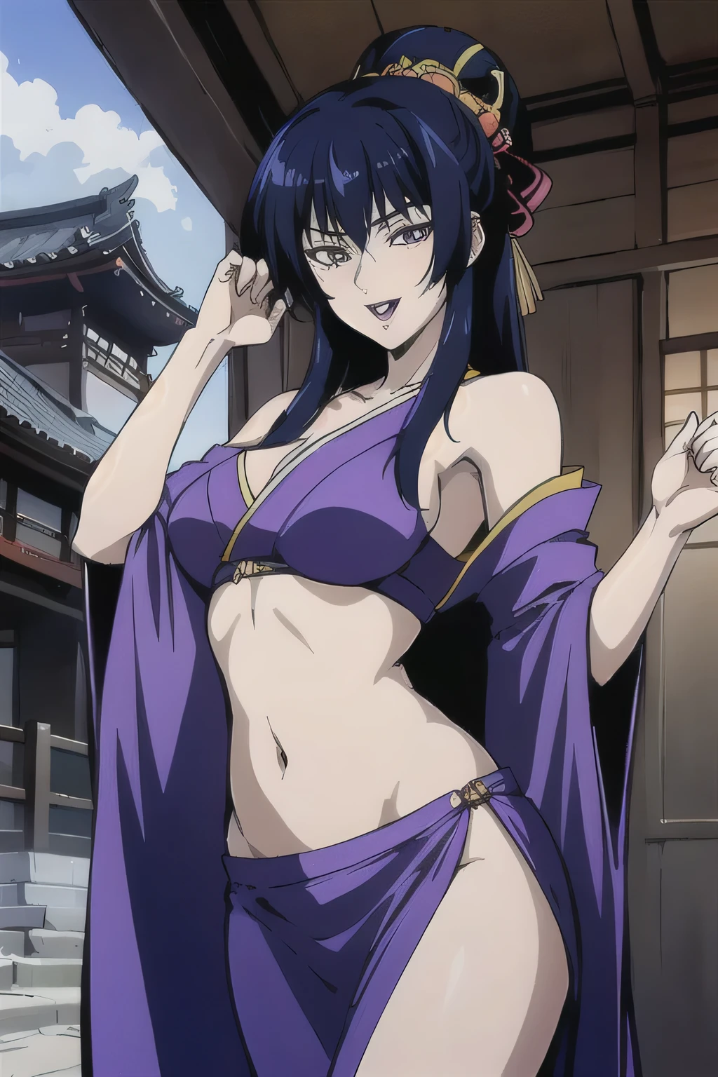 Karla,1girl,
long hir,black hair,purple eyes,purple lips,
masterpiece, best quality, highly detailed, a anime girls in kimono dress with a sword posing for a
picture, bare shoulder,open kimono, evil smile, open mouth, crop top , (nsfw) not safe for work, smile,
ecchi anime style, anime girls, ecchi style, ecchi, digital anime art!!, in anime style, official artwork, visual
novel cg, beautiful anime girl, anime style 4 k, kimono pencil skirt, exposed belly, exposed navel,
exposed midriff, exposed lower belly, outdoor, japanese architecture, temple