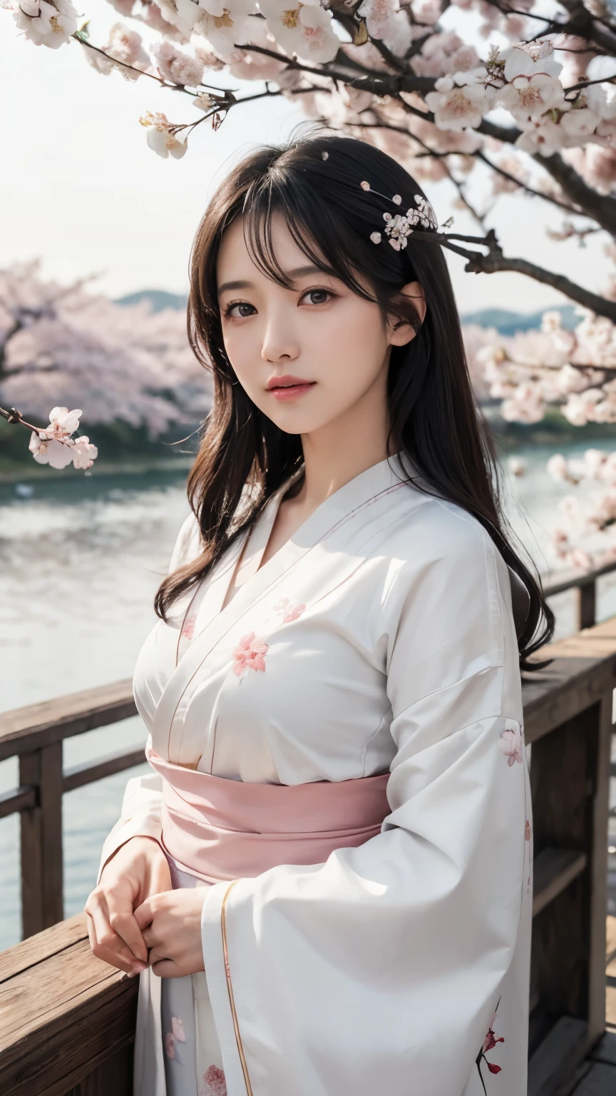 (logo、masterpiece、8k、table top、RAW photo、wonderful、最high quality、Photorealistic and hvery detailed CG integrated 8k wallpaper、high quality、very detailed、Narrative poem、particle effects、dynamic effects、Depth of written boundary、cinematic light、Lens flare、ray tracing)、fantasy、 (1 beautiful woman、white kimono、Japan Dresses、white cherry blossom pattern、White cherry blossom embroidery pattern、black haired、beautiful face、real face、beautiful details eyes beautiful skin)、Hair flutters in Wind、hair bounces、pink cherry tree、petals dance、SakuraFubuki、wonderful景色、sunrise、sun on background、Wind、god々、teeth、god話、vast land