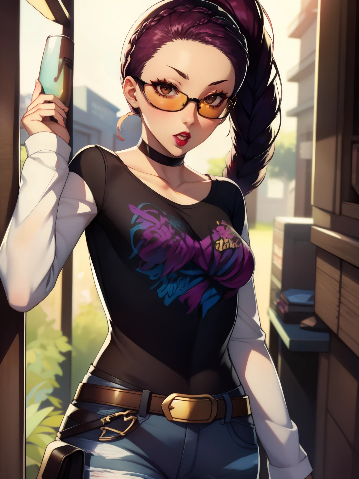 Petra, braided ponytail, brown eyes, glossy lips ,1girl, solo, standing, black t-shirt, white shirt, jeans, belt, lipstick, eyewear on head, Burgundy hair,