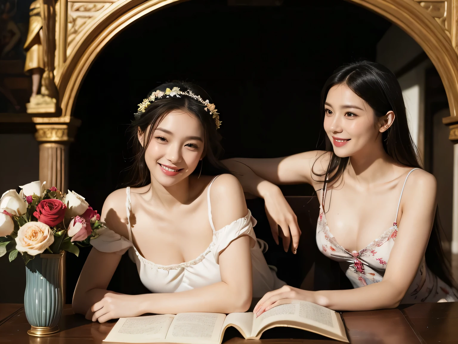 Giorgione's painting style,Discussion between two female philosophers,math、astronomical machine、astronaut、roses in vase、fruit、Cute trinkets、smile、ancient greek costume、Ancient Roman landscape in the style of Nicolas Poussin,laughter,,sweet and enchanting appearance.、caravaggio painting、Caravaggio's Chiaroscuro、My hair was messed up by the wind,two women having fun,cute smile, expression of ecstasy,sexy,erotic