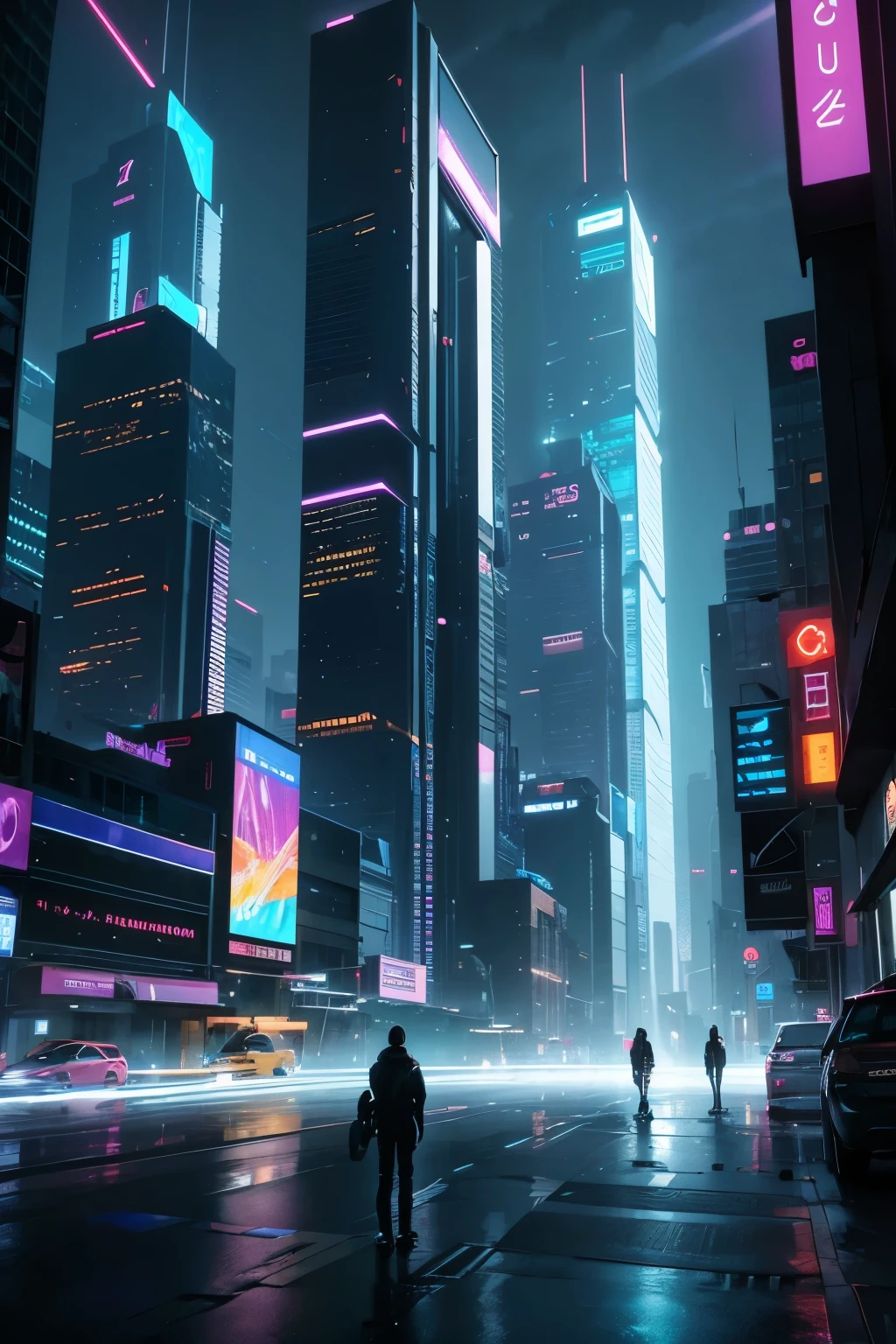 Describe a futuristic cityscape in 2050, Where futuristic skyscrapers rise up to the sky, illuminated by pulsing neon lights. The streets are lined with humanoid robots, enquanto hologramas flutuantes exibem publicidade interativa. Vertical gardens cover the facades of the buildings, combinando natureza e tecnologia. The sidewalks are made of self-cleaning material and change color as people pass by. Descreva os sons, smells and physical sensations of this futuristic landscape, 8k, cinematic ilumionation.
