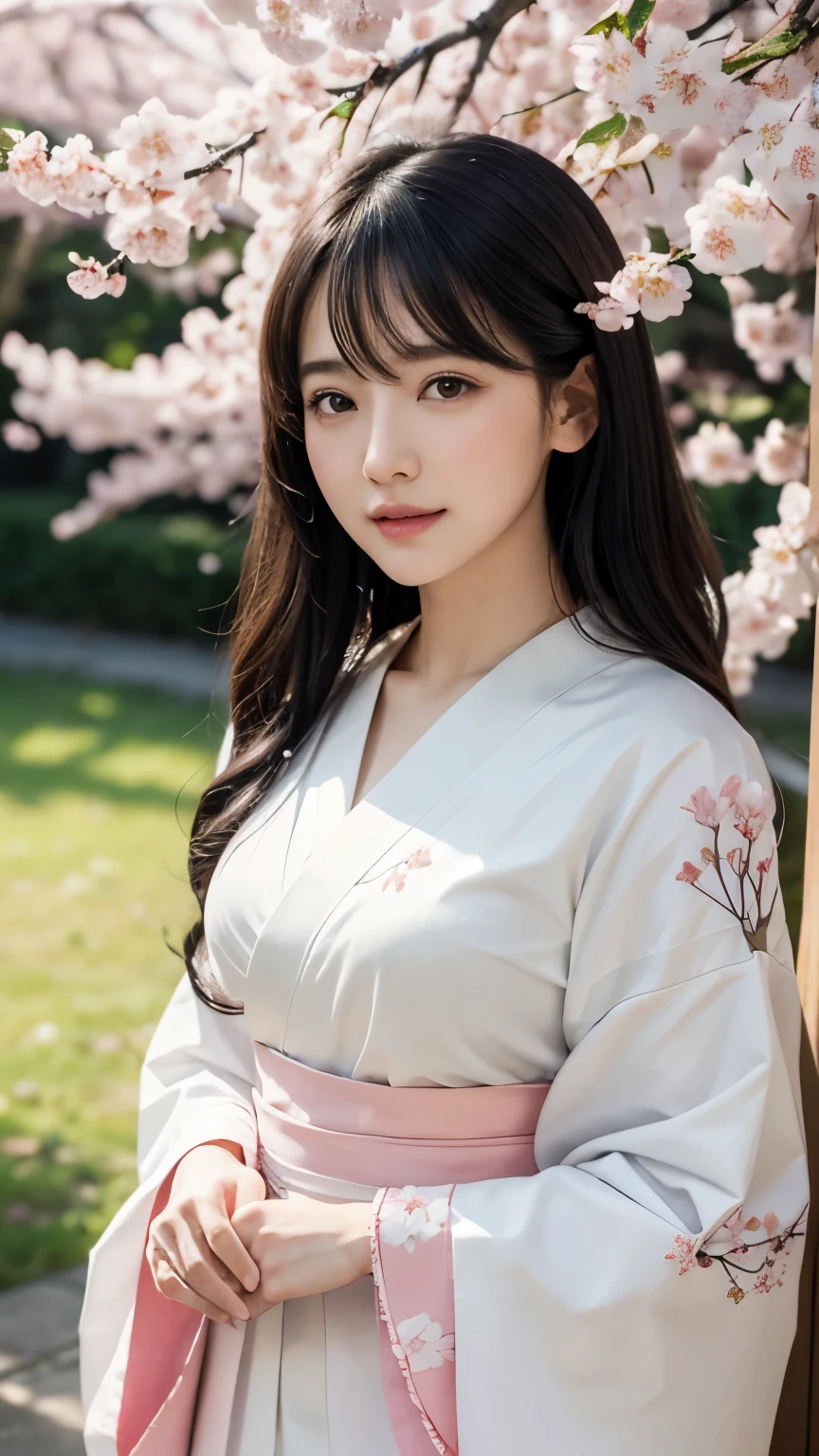 (logo、masterpiece、8k、table top、RAW photo、wonderful、最high quality、Photorealistic and hvery detailed CG integrated 8k wallpaper、high quality、very detailed、Narrative poem、particle effects、dynamic effects、Depth of written boundary、cinematic light、Lens flare、ray tracing)、fantasy、 (1 beautiful woman、white kimono、Japan Dresses、white cherry blossom pattern、White cherry blossom embroidery pattern、black haired、beautiful face、real face、beautiful details eyes beautiful skin)、Hair flutters in Wind、hair bounces、pink cherry tree、petals dance、SakuraFubuki、wonderful景色、sunrise、sun on background、Wind、god々、teeth、god話、vast land