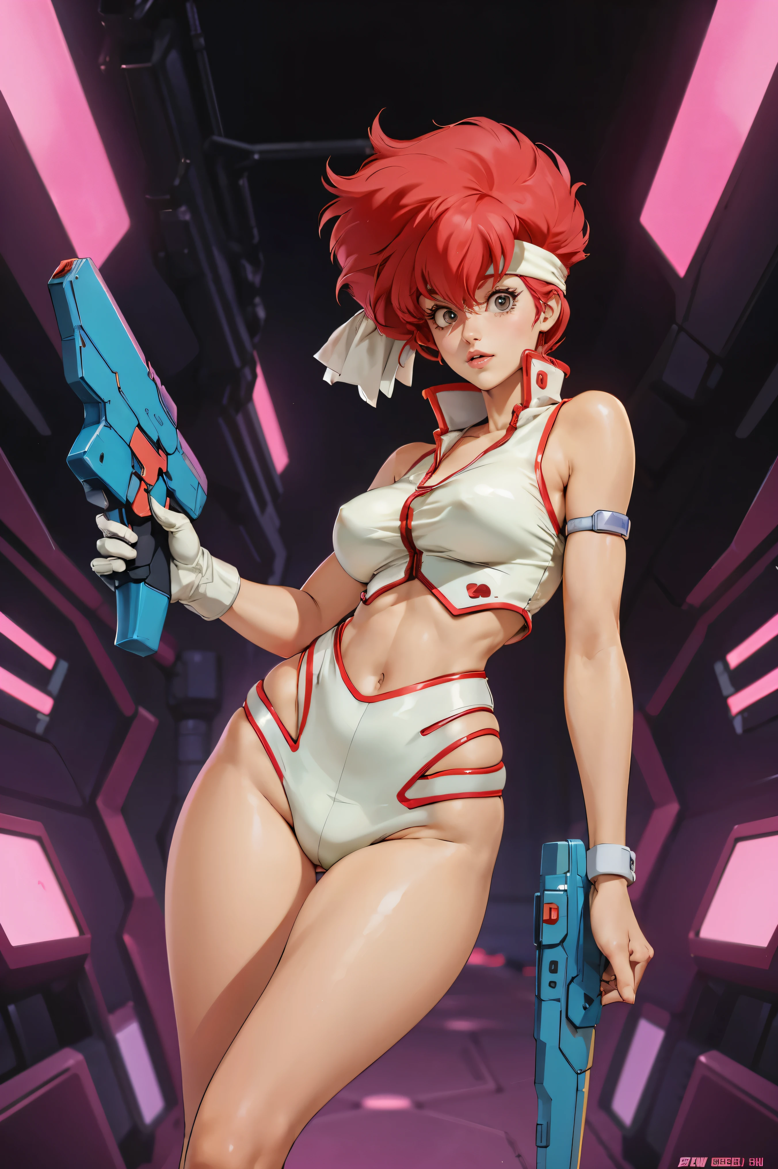 Kei from The Dirty Pair, , wearing a tight outfit, skimpy, legs, medium breast, red hair beauty, cyberpunk city background, holding retro space-gun, headband, slim waist, slim thighs, thigh gap