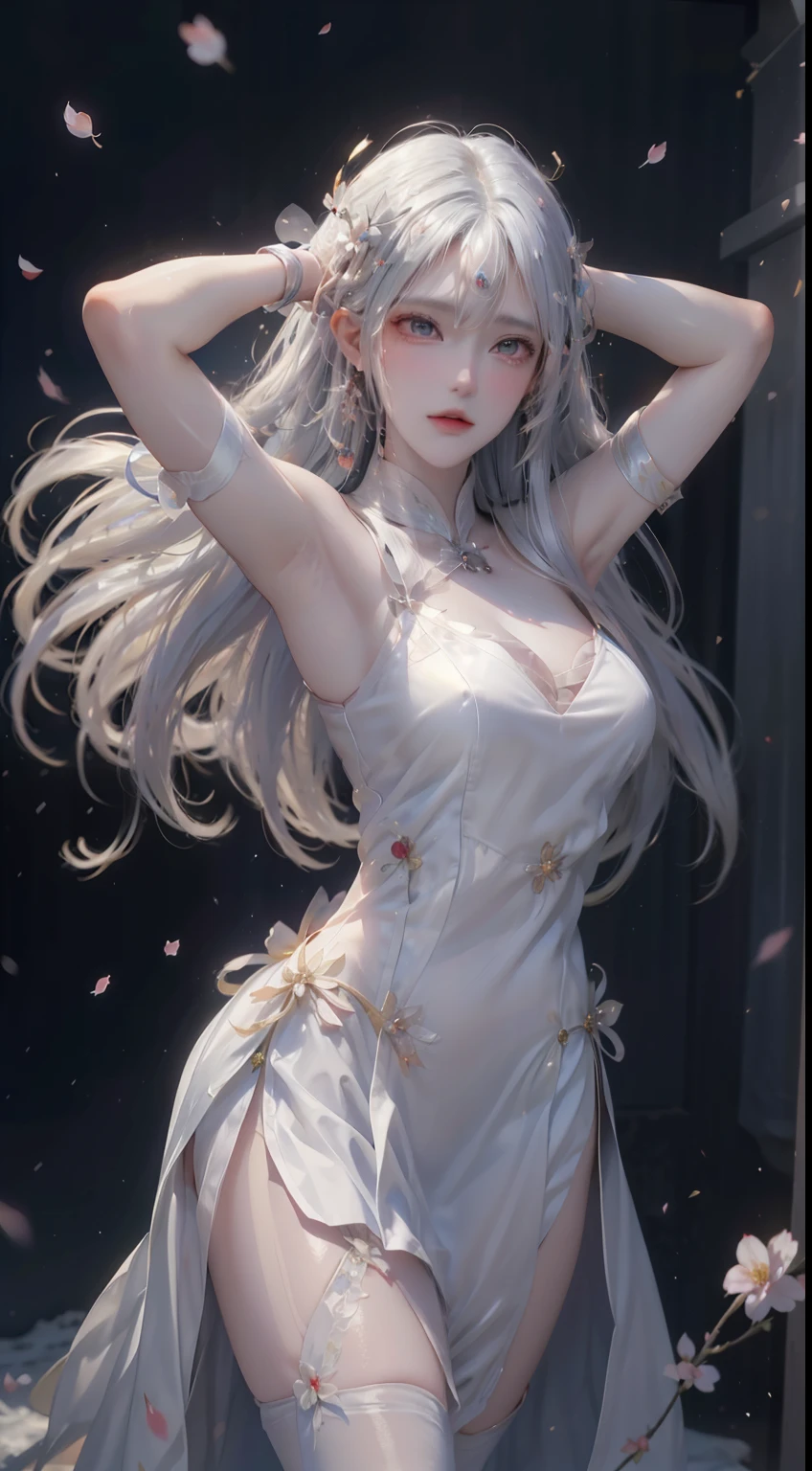 ((logo, masterpiece, 8k, table top, RAW photo, wonderful, 最high quality, Photorealistic and hvery detailed CG integrated 8k wallpaper, high quality, very detailed, Narrative poem, particle effects, dynamic effects, Depth of written boundary, cinematic light, Lens flare, ray tracing, anatomically accurate)), fantasy, 1 beautiful woman, ((white hair)), clear eyes, long hair, beautiful face, real face, Dense and beautiful eyes, beautiful skin, ((dancing woman, gracefully dancing woman, dancing woman in the snowy landscape, violently dancing woman)), ((long hairがWindでなびく, long hairが跳ねる, long hairがWindで踊る)), hair jump, jewelry, beautiful eyes, white kimono, white obi, embroidery pattern of white cherry blossoms, silver earrings, Light is shining, ((cherry blossoms, cherry blossomsの木, cherry blossomsの花びらが舞う, cherry blossoms吹雪, falling petals)), blue sky and white clouds background, Vast wind scenery, Wind, grassland, Vast land in mythology, Spectacular view, Beautiful natural wind scenery, hair color is white, cherry blossomsの花びらが舞う, cherry blossomsの木