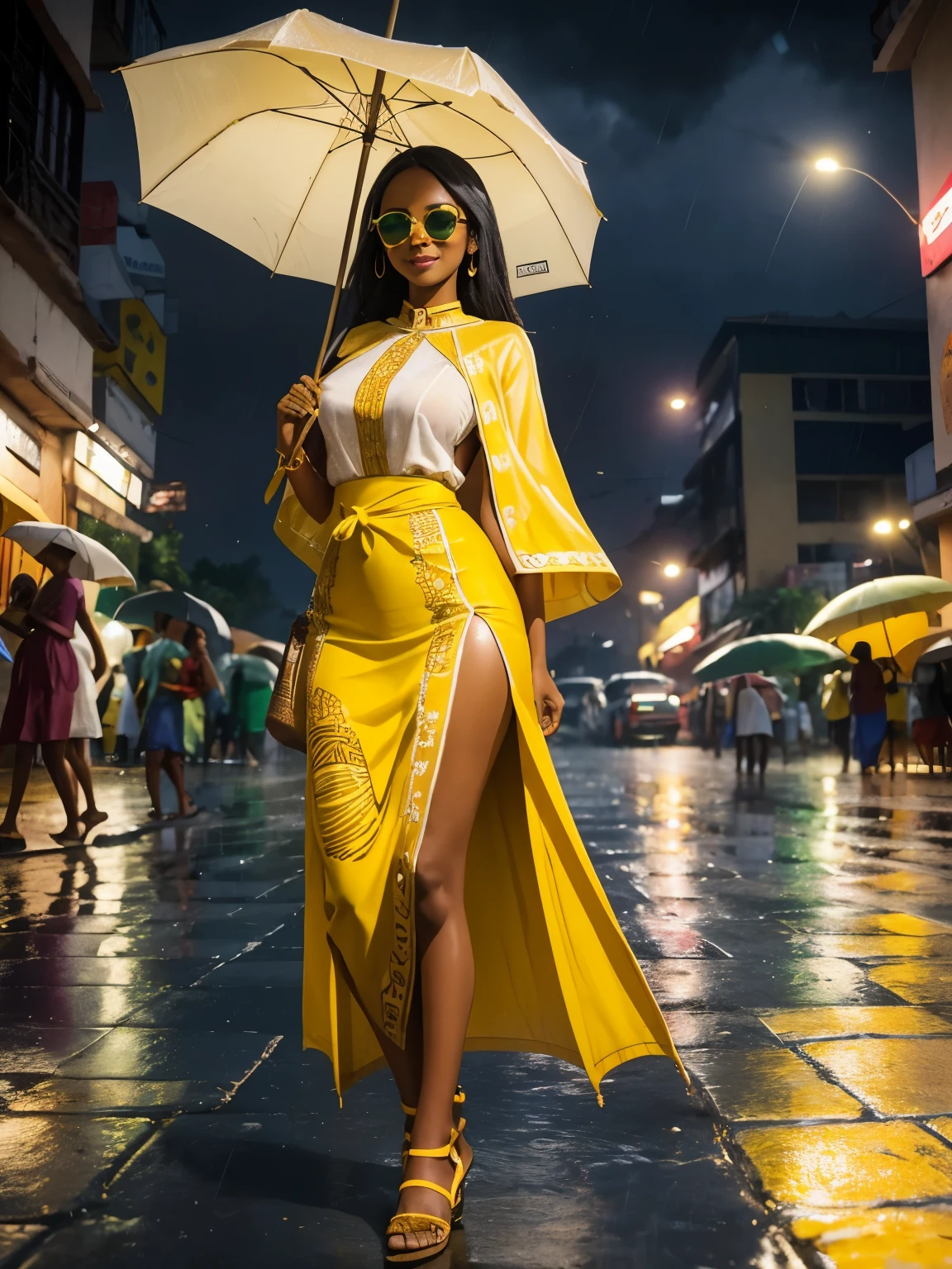 the most beautiful girl is saw in Ethiopia, perfect body, shape, skin colour and texture, beautiful smile, she wears a white Ethiopian traditional dress, the weather is raining she holds green umbrella, Yellow Tinted Round Sunglasses and red sandals shoes. raining city of Addis Ababa city night view.