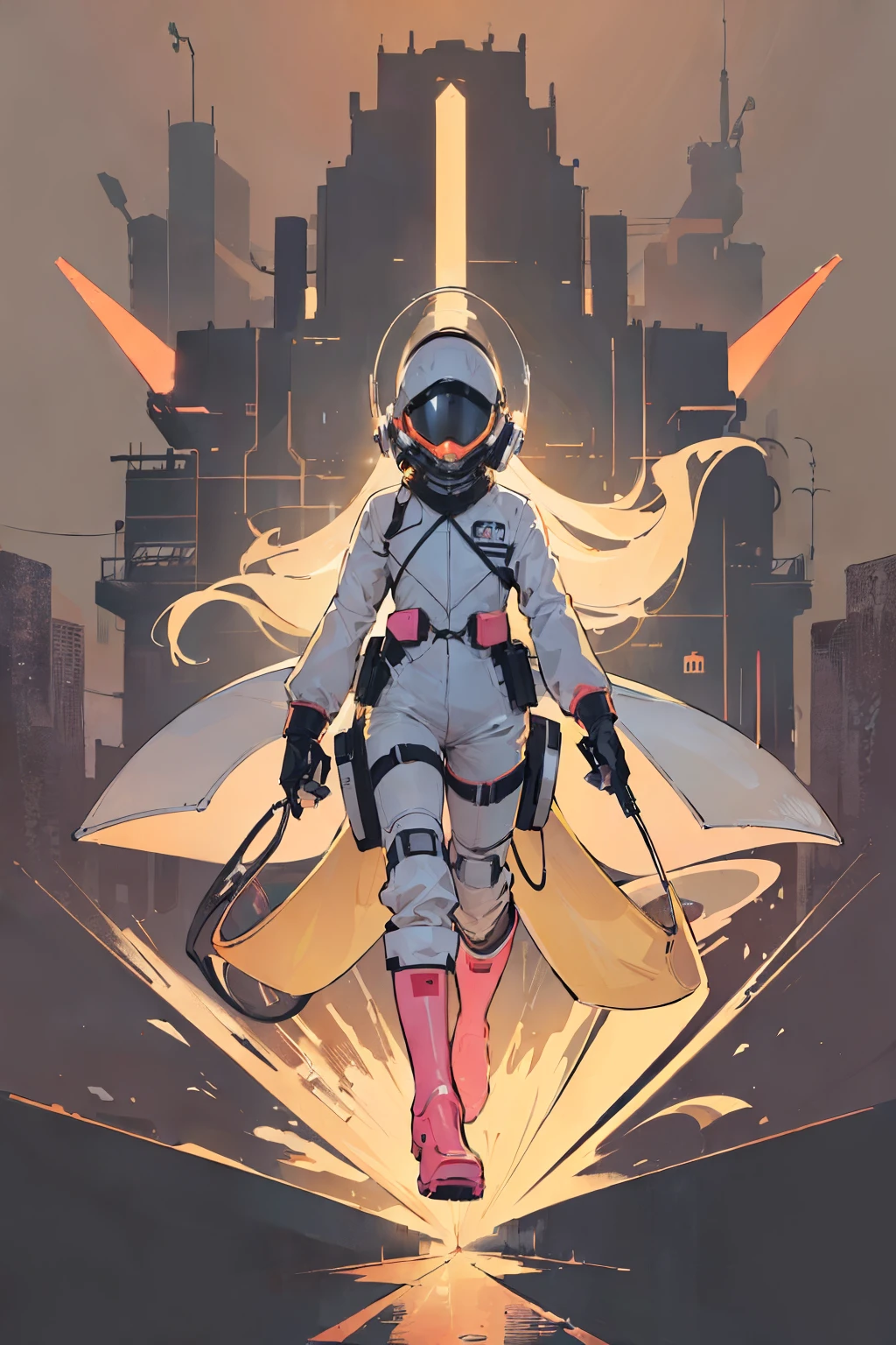 inkpunk, (ultra detailed,ultra high res,detailed background),((2D)),((flat color)),((muted color)),((floating neon)),1solo,looking at viewer, white hazmat suit, (big red rain boots), plush collar, full body image, square helmet