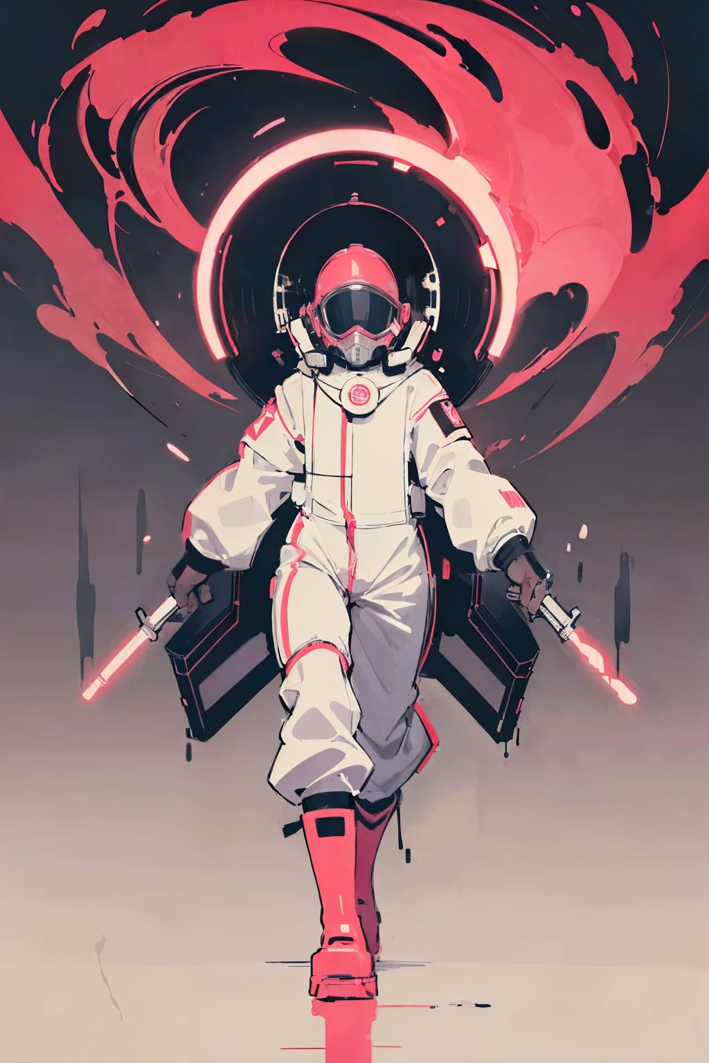inkpunk, (ultra detailed,ultra high res,detailed background),((2D)),((flat color)),((muted color)),((floating neon)),1solo,looking at viewer, white hazmat suit, (big red rain boots), plush collar, full body image, square helmet
