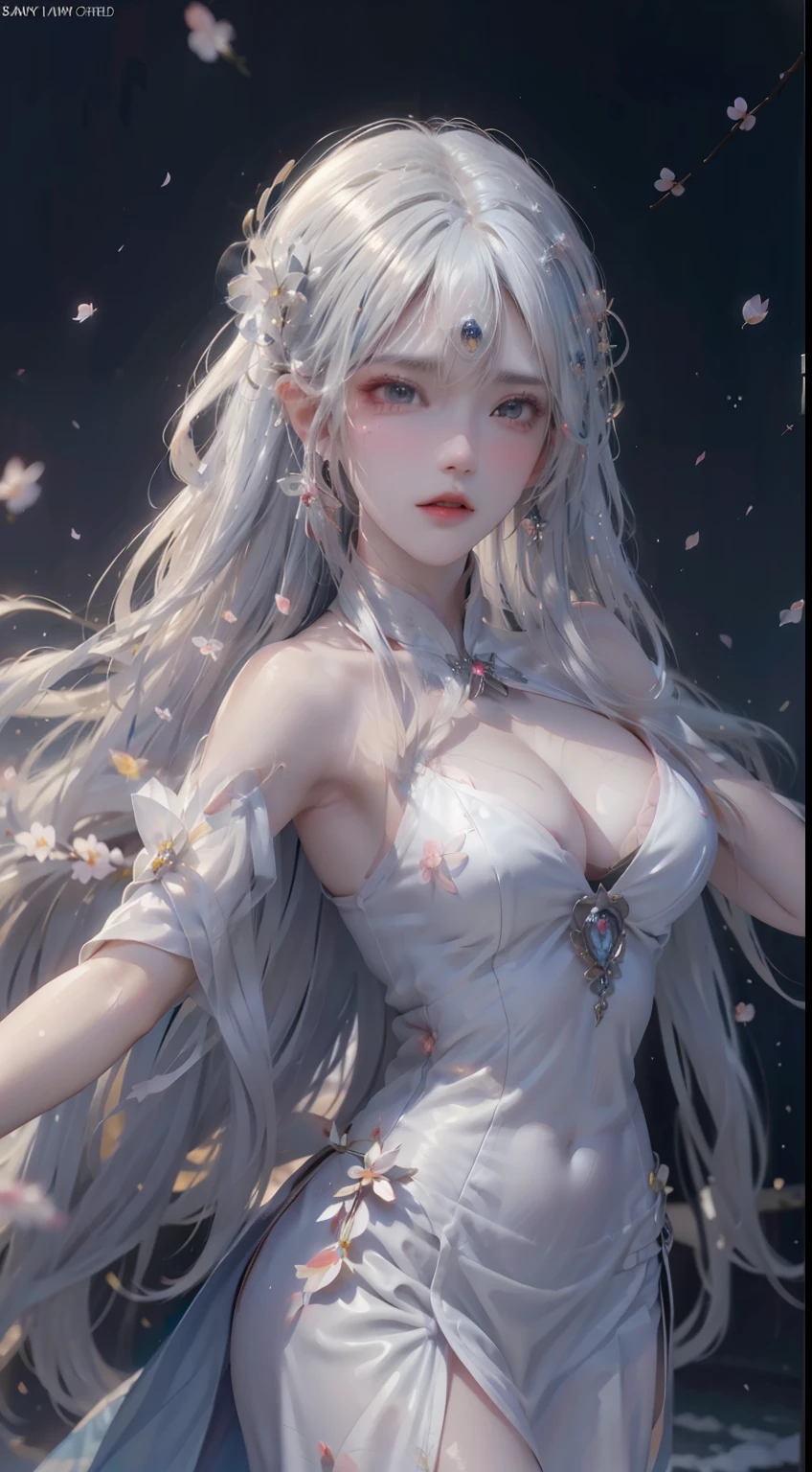 ((logo, masterpiece, 8k, table top, RAW photo, wonderful, 最high quality, Photorealistic and hvery detailed CG integrated 8k wallpaper, high quality, very detailed, Narrative poem, particle effects, dynamic effects, Depth of written boundary, cinematic light, Lens flare, ray tracing, anatomically accurate)), fantasy, 1 beautiful woman, ((white hair)), clear eyes, long hair, beautiful face, real face, Dense and beautiful eyes, beautiful skin, ((dancing woman, gracefully dancing woman, dancing woman in the snowy landscape, violently dancing woman)), ((long hairがWindでなびく, long hairが跳ねる, long hairがWindで踊る)), hair jump, jewelry, beautiful eyes, white kimono, white obi, embroidery pattern of white cherry blossoms, silver earrings, Light is shining, ((cherry blossoms, cherry blossomsの木, cherry blossomsの花びらが舞う, cherry blossoms吹雪, falling petals)), blue sky and white clouds background, Vast wind scenery, Wind, grassland, Vast land in mythology, Spectacular view, Beautiful natural wind scenery, hair color is white, cherry blossomsの花びらが舞う, cherry blossomsの木
