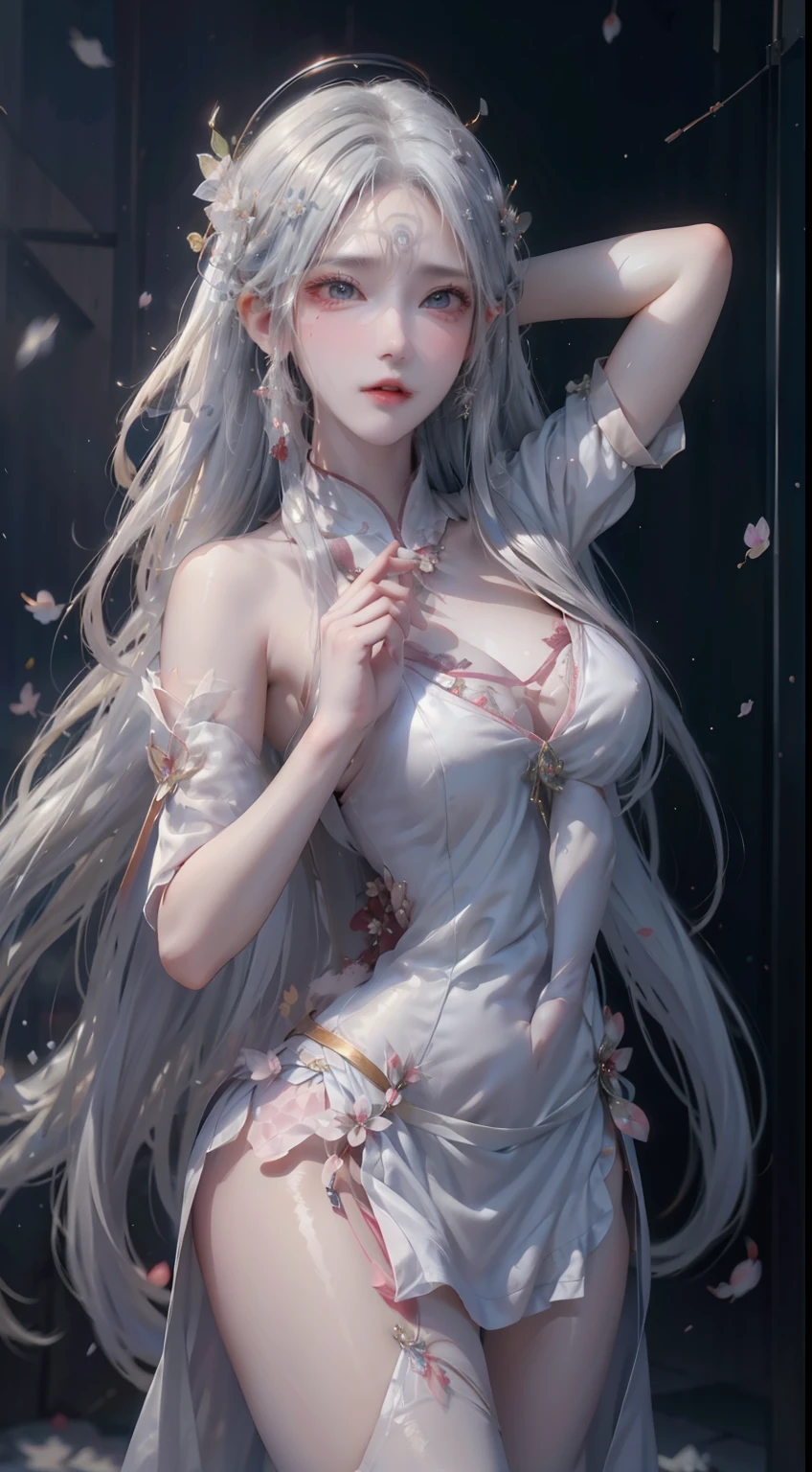 ((logo, masterpiece, 8k, table top, RAW photo, wonderful, 最high quality, Photorealistic and hvery detailed CG integrated 8k wallpaper, high quality, very detailed, Narrative poem, particle effects, dynamic effects, Depth of written boundary, cinematic light, Lens flare, ray tracing, anatomically accurate)), fantasy, 1 beautiful woman, ((white hair)), clear eyes, long hair, beautiful face, real face, Dense and beautiful eyes, beautiful skin, ((dancing woman, gracefully dancing woman, dancing woman in the snowy landscape, violently dancing woman)), ((long hairがWindでなびく, long hairが跳ねる, long hairがWindで踊る)), hair jump, jewelry, beautiful eyes, white kimono, white obi, embroidery pattern of white cherry blossoms, silver earrings, Light is shining, ((cherry blossoms, cherry blossomsの木, cherry blossomsの花びらが舞う, cherry blossoms吹雪, falling petals)), blue sky and white clouds background, Vast wind scenery, Wind, grassland, Vast land in mythology, Spectacular view, Beautiful natural wind scenery, hair color is white, cherry blossomsの花びらが舞う, cherry blossomsの木