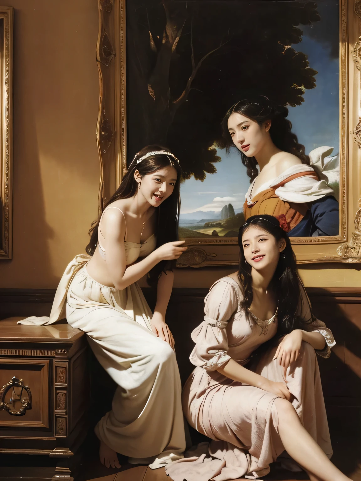 Giorgione painting style,Arguments of two female Philosophe,math、astronomical machine、astronaut、roses in vase、fruits、Cute trinkets、smile、ancient greek costume、Ancient Roman landscape in the style of Nicolas Poussin,laughter,,Sweet and seductive appearance.、Caravaggio's paintings、Chiaroscuro of Caravaggio、hair tousled by the wind,Two women frolicking,cute smile, expression of ecstasy,Sexy,erotic