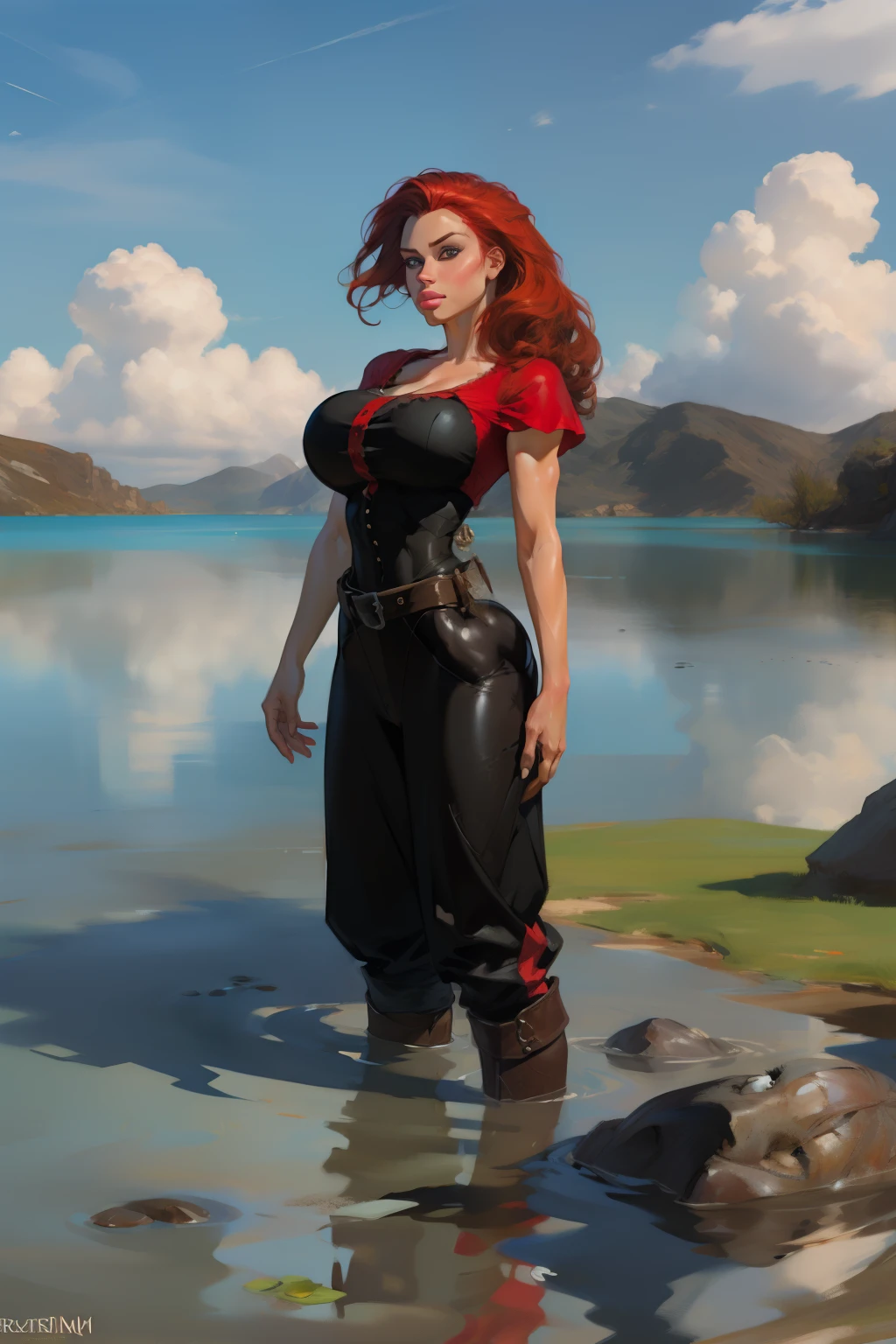 Girl with wavy red hair and rebellious, ((hair slicked back)), Caucasian woman,ice blue eyes and tanned skin, round breasts, standing on a lake, half the body submerged in water, pirate style clothes, (gigantic breasts), background with clouds, realistic style.