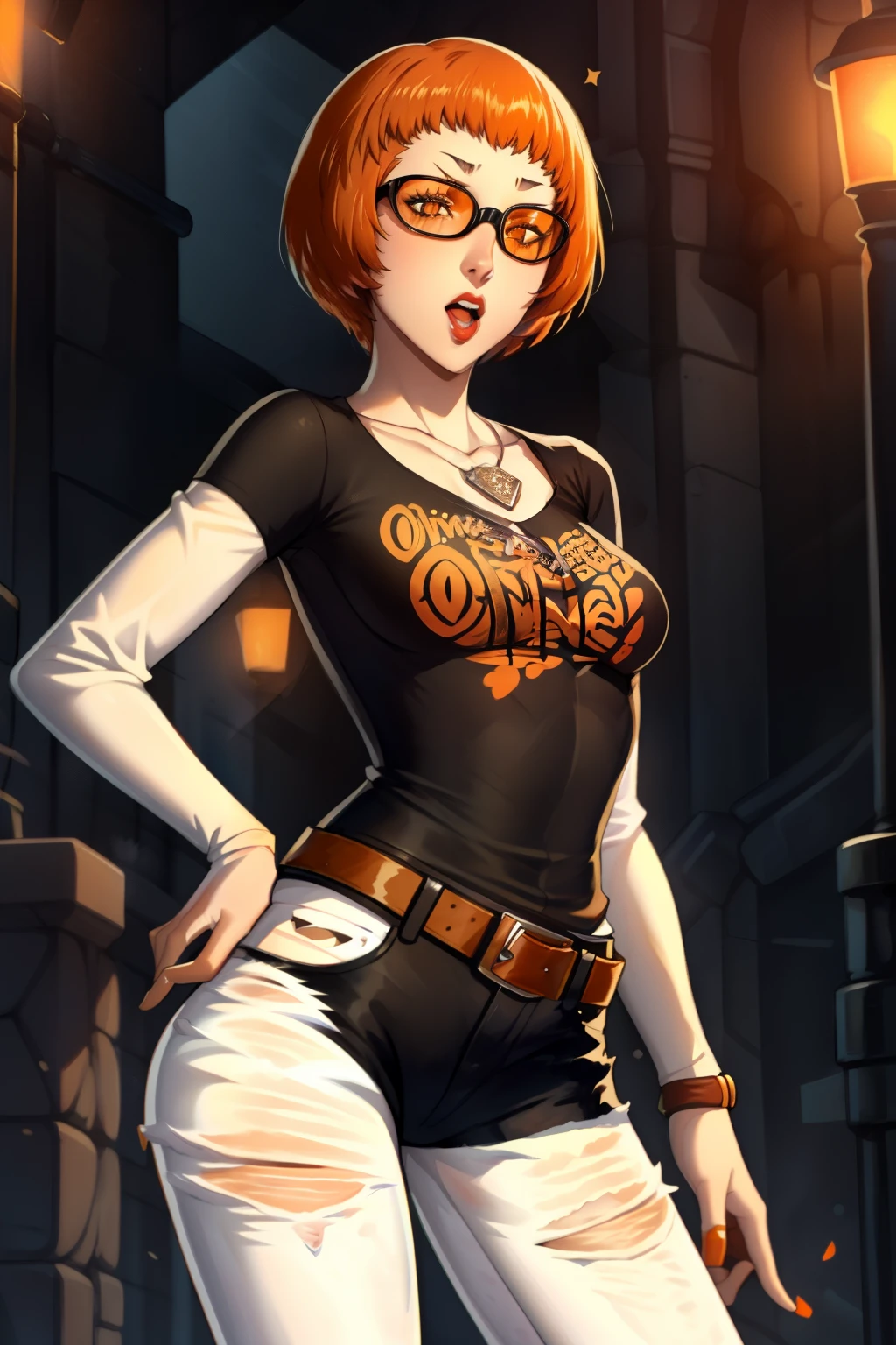 leonie pinelli, orange hair ,short hair ,1girl, solo, standing, black t-shirt, white shirt, jeans, belt, lipstick, eyewear on head,
